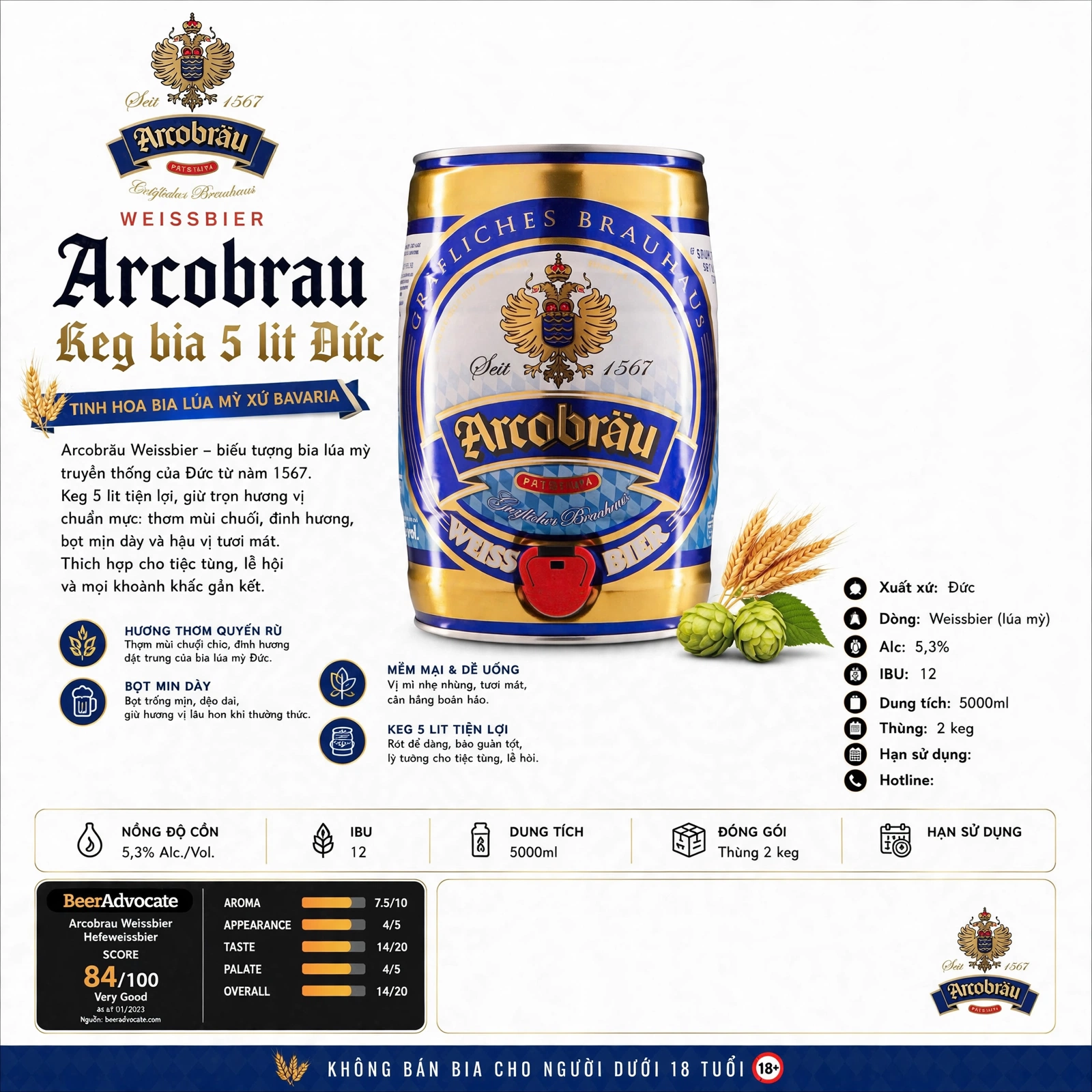 Bom Bia Arcobräu Weissbier 5 Lít | Bia Lúa Mỳ Đức Bavaria 5.3% Keg 5L