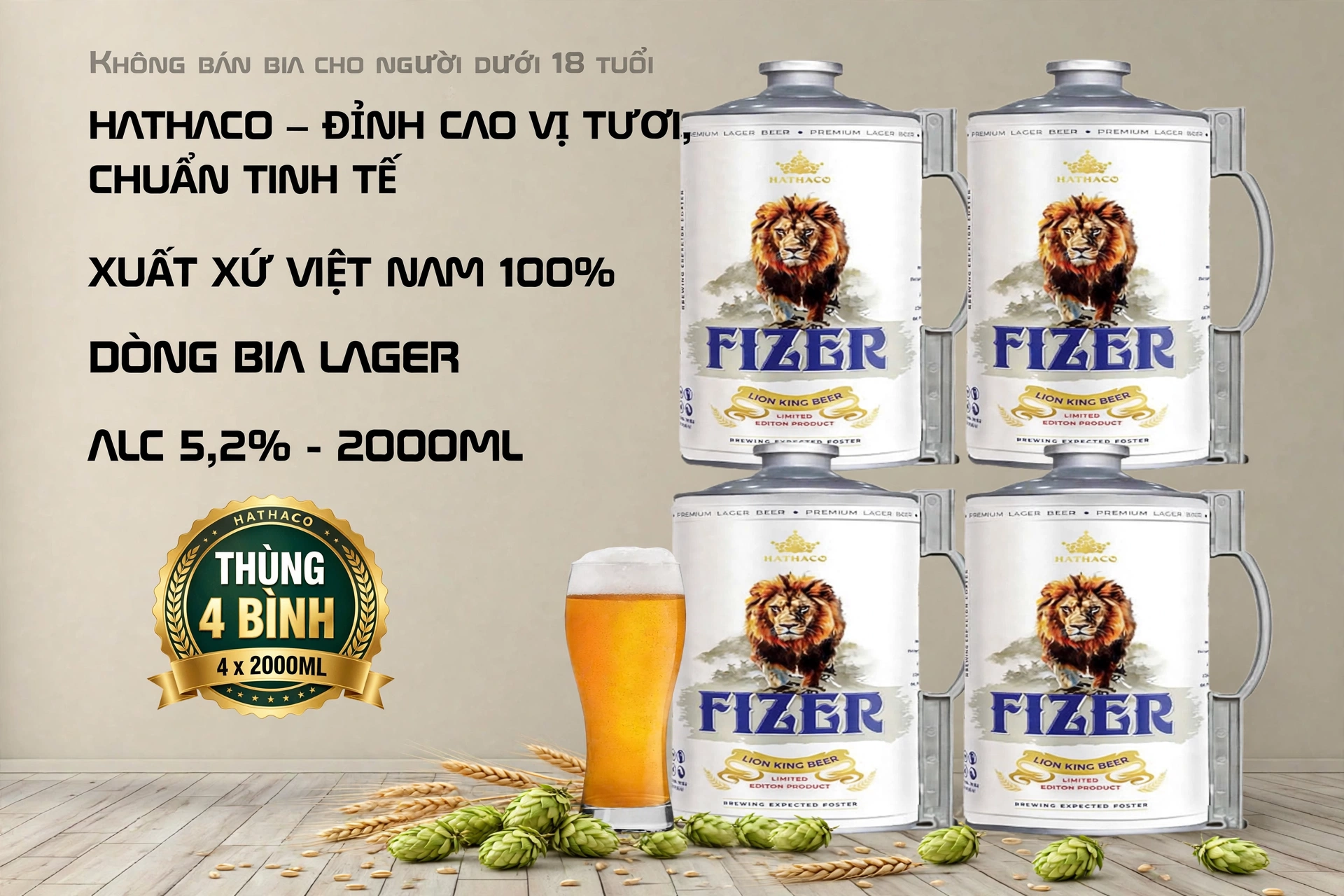 Thùng 4 Bình Bom Bia Tươi HATHACO FIZER Lion King Beer 2000ml  - Dòng Lager 5,2%