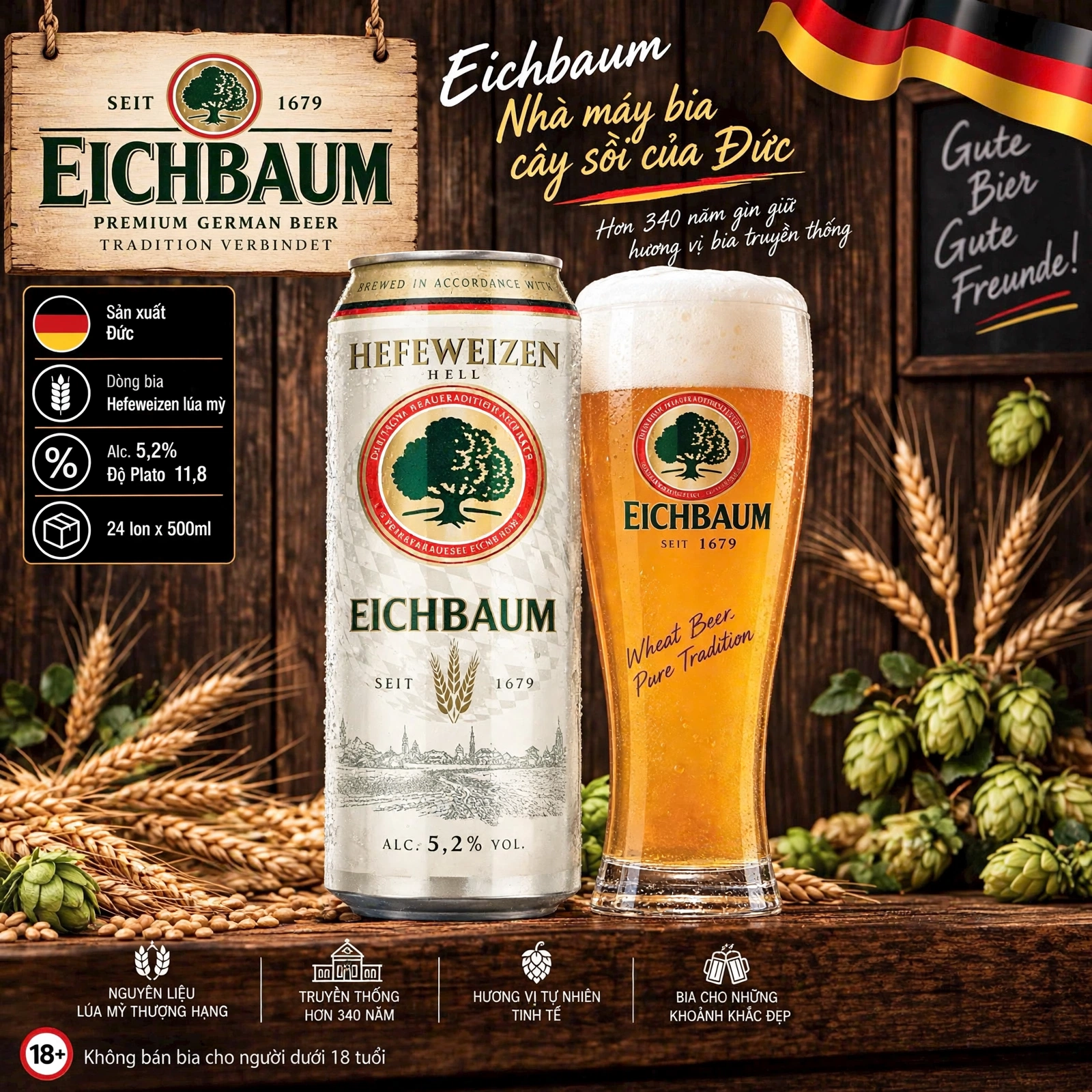 Bia Đức Eichbaum Hefeweizen Hell 5,2% - Bia Lúa Mỳ Nhập Khẩu Đức 500ml - Thùng 24 Lon - Seit 1679