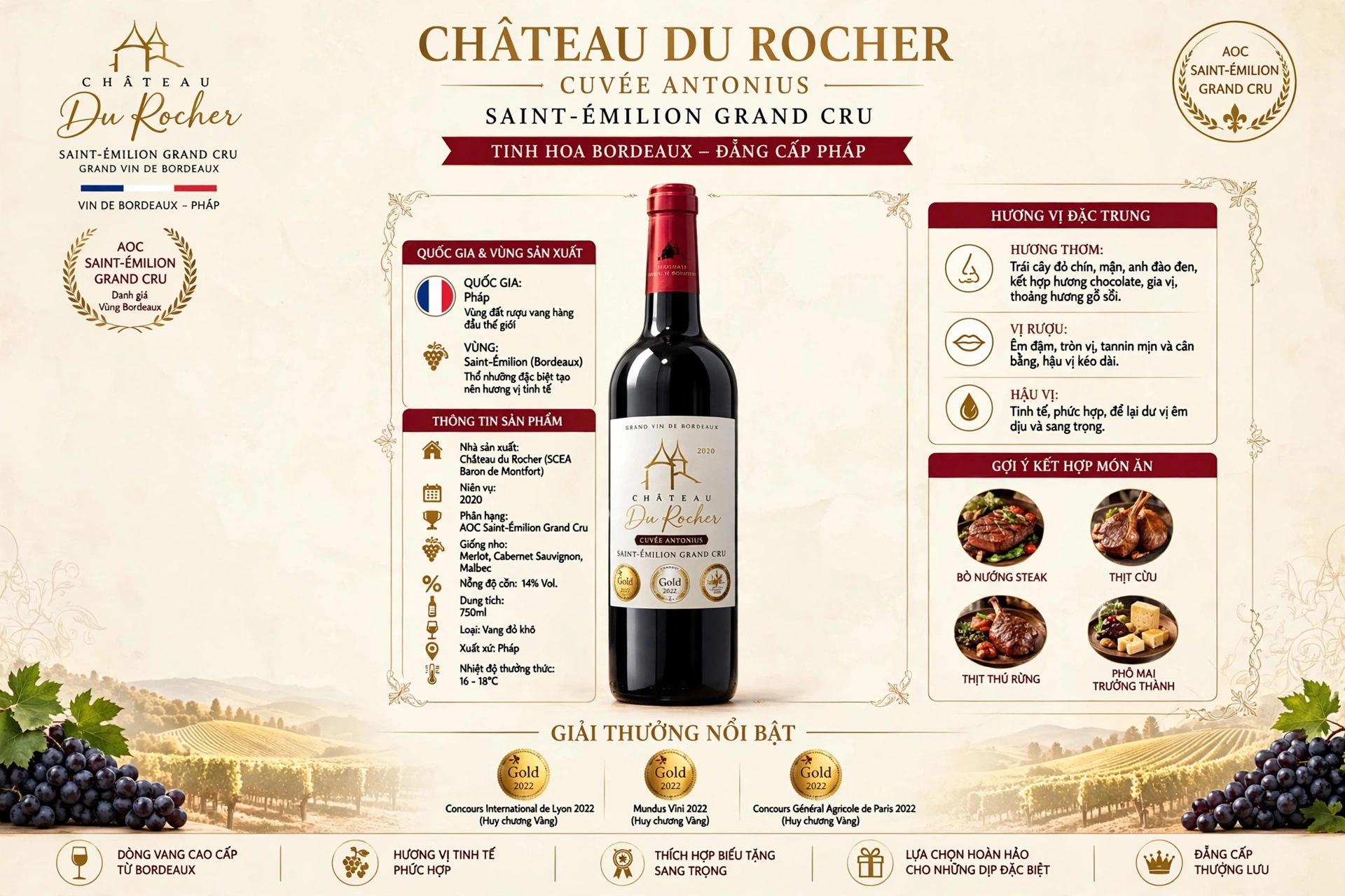 Vang Đỏ Pháp Château Du Rocher Saint-Émilion Grand Cru 14% 750ml - Vang Bordeaux Cao Cấp