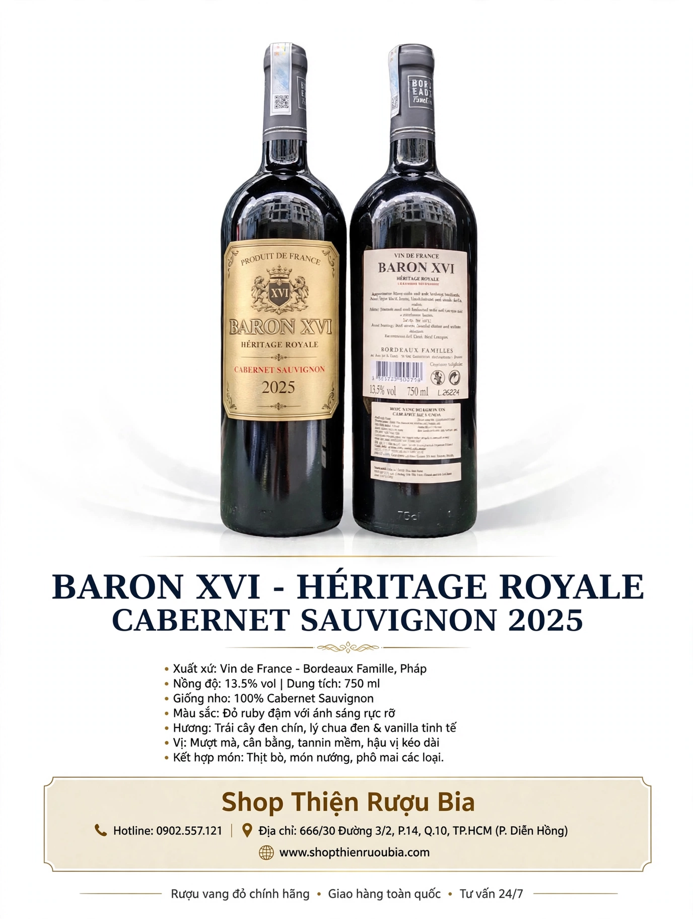 Rượu Vang Đỏ Pháp BARON XVI Héritage Royale Cabernet Sauvignon 2025 | Bordeaux Families - 100% Cabernet Sauvignon - 13.5% - 750ml
