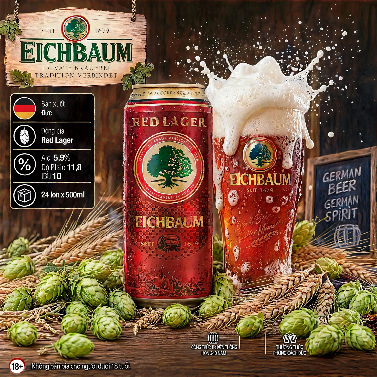 Bia Đức Eichbaum Red Lager 5.9% - Bia Đỏ Nhập Khẩu Đức 500ml - Thùng 24 Lon - Từ 1679