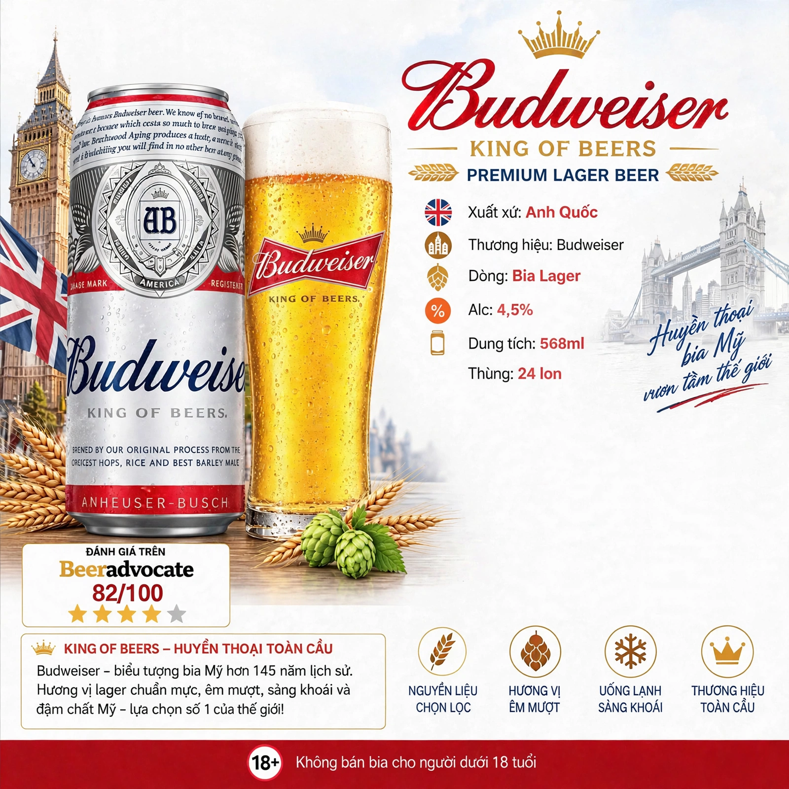 [Thùng 24 Lon] Bia Budweiser Anh Quốc 568ml - King Of Beers - Bia Lager Mỹ 4.5% - Nhập Khẩu