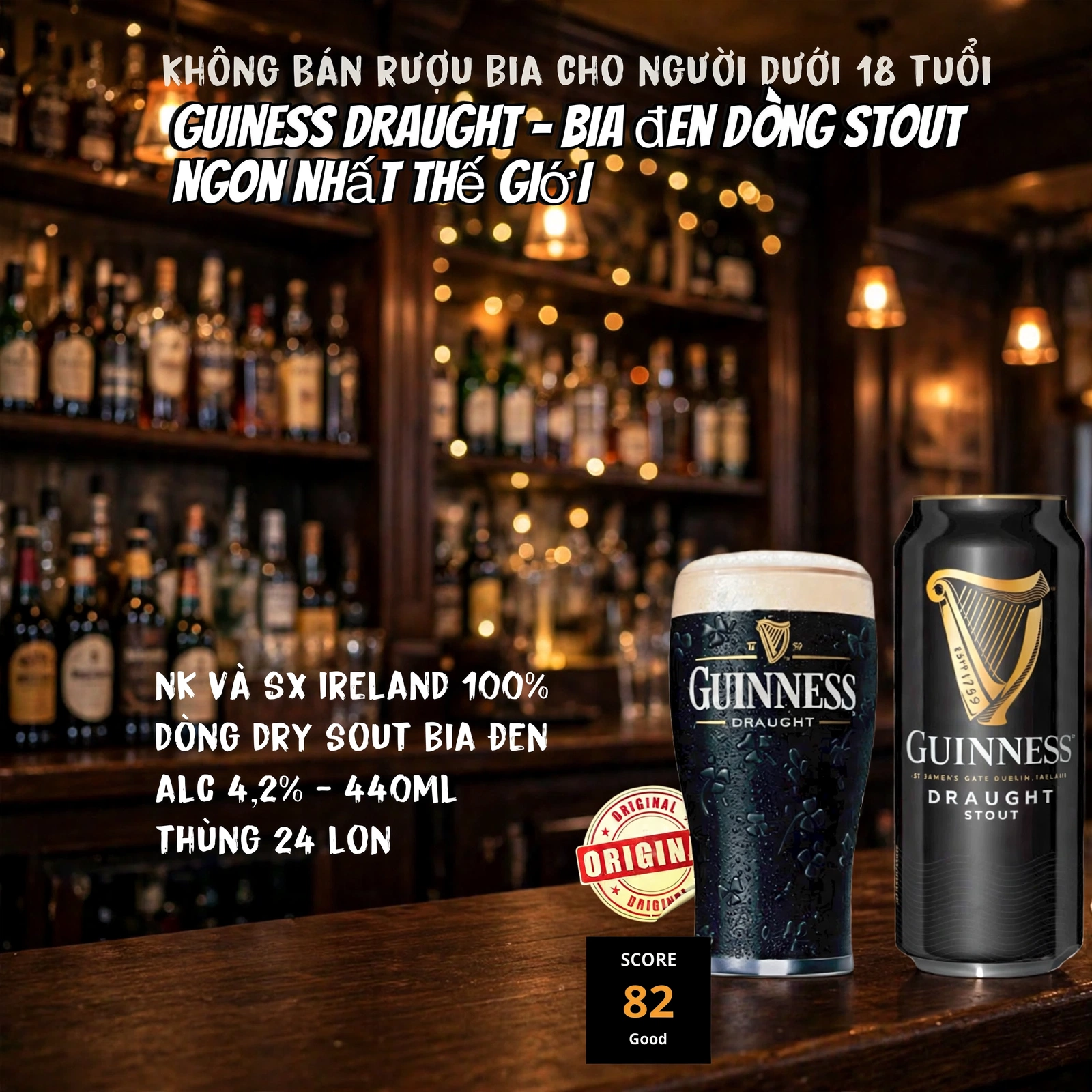 Bia Đen Guinness Draught Stout 440ml - Thùng 24 Lon - Nhập Khẩu Chính Hãng Ireland - Bia Đen Ngon Nhất Thế Giới 4.2%