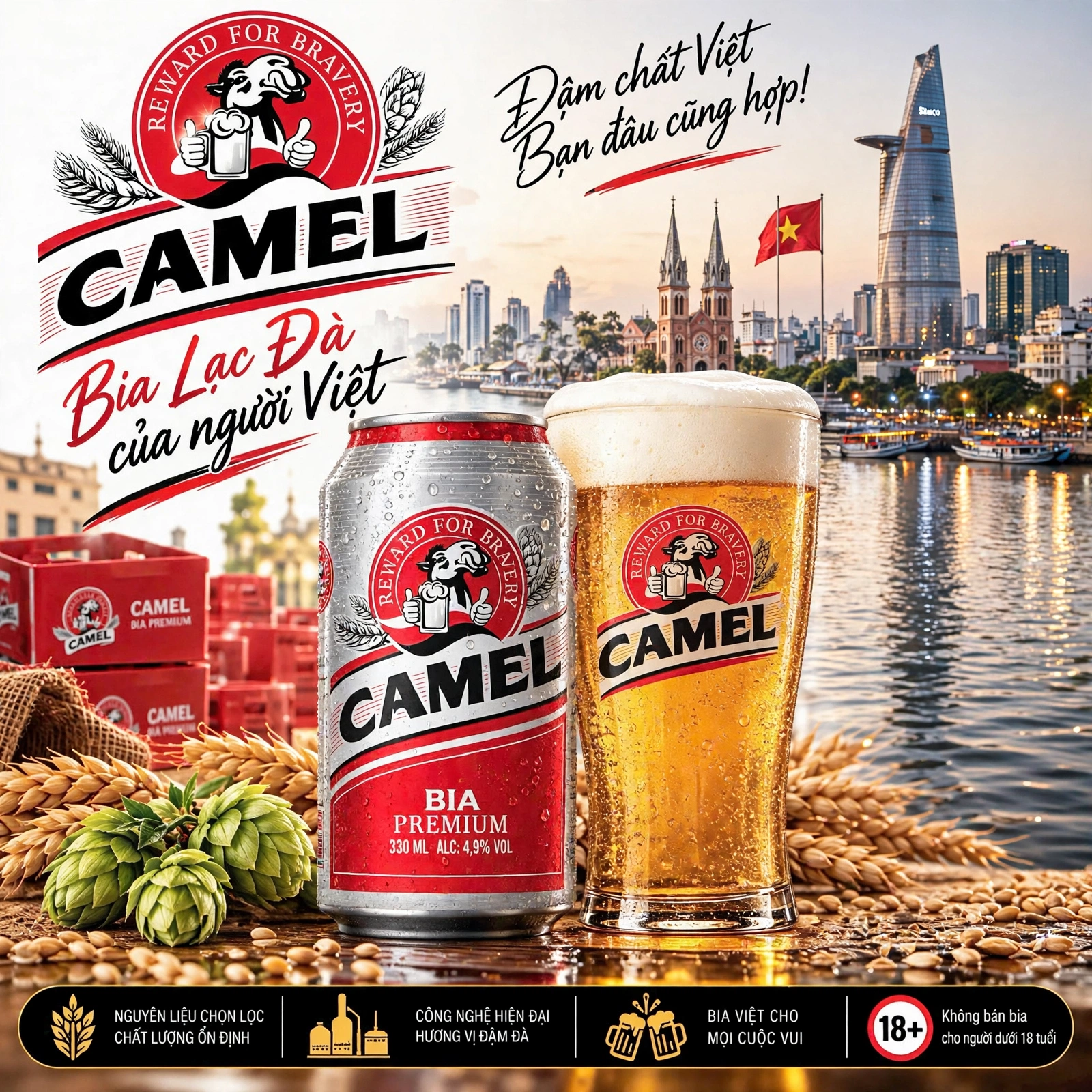 Thùng 24 Lon Bia Camel Premium 330ml - Bia Lạc Đà Lager - Bia Việt Alc 4.9% Vol
