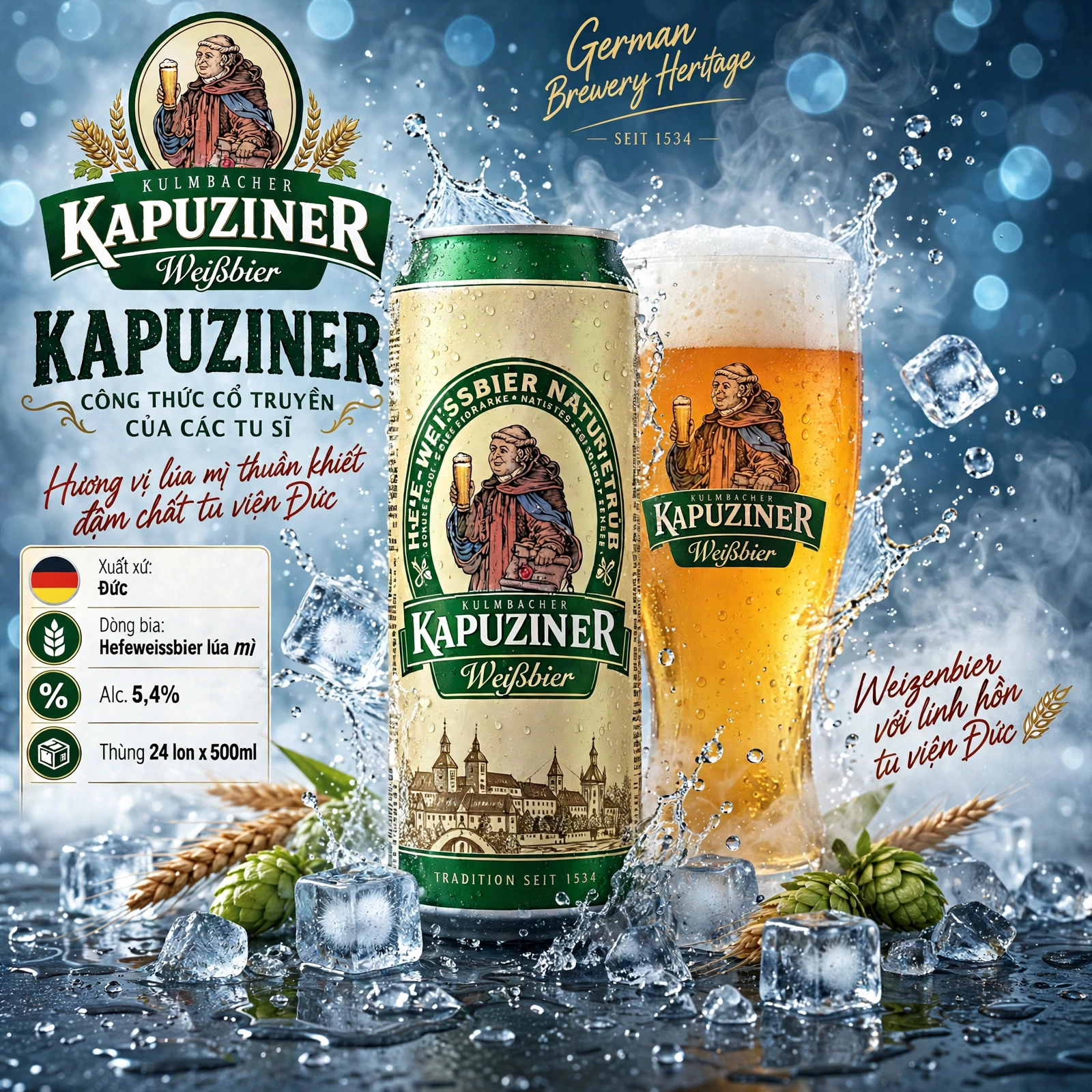 Bia Đức Kapuziner Weissbier 500ml Thùng 24 Lon - Bia Lúa Mì Hefeweissbier Nhập Khẩu Đức Alc 5.4%