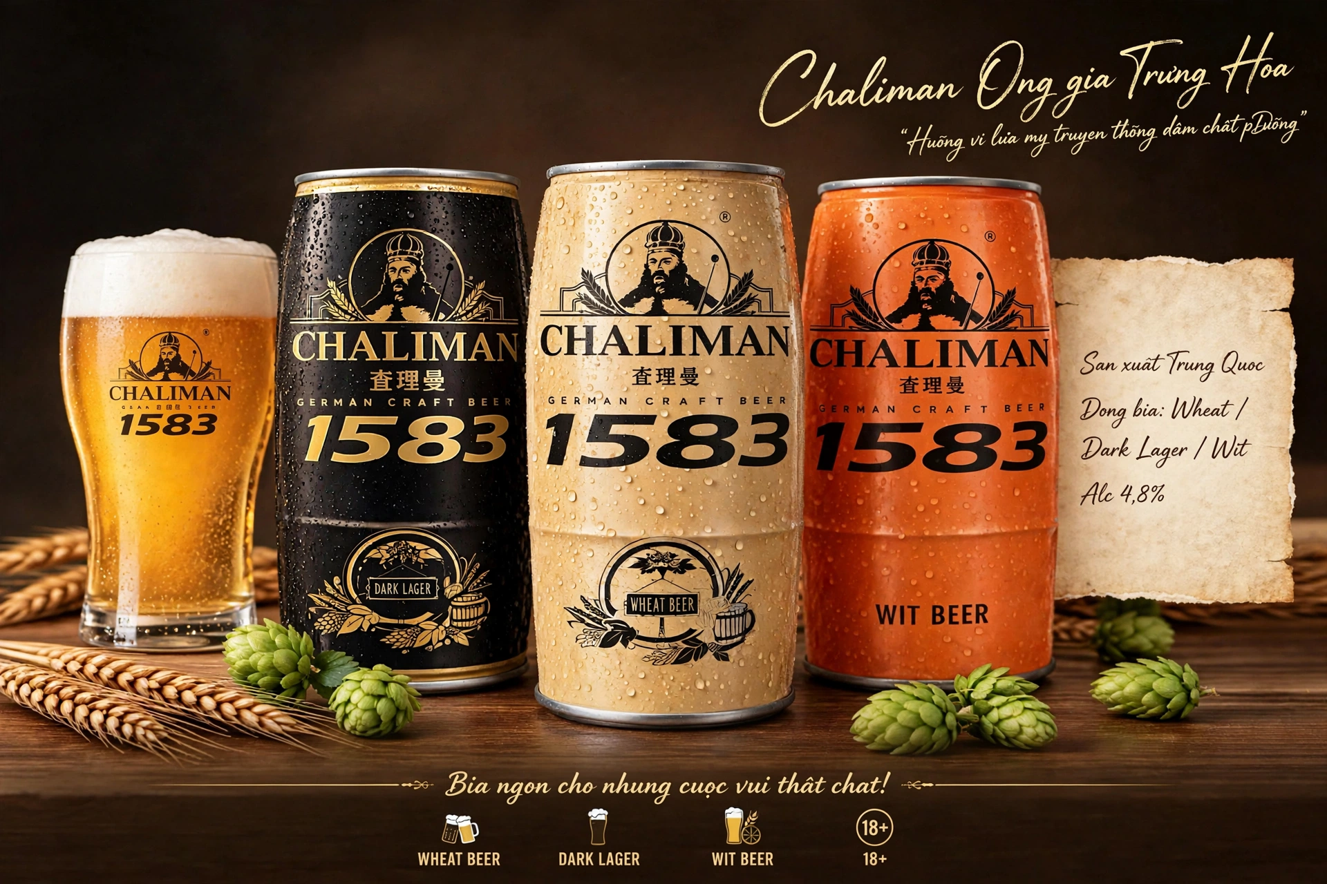 Thùng x 6 Lon Bia Chalimam 1583 1000ml - Wheat Beer / Dark Lager / Wit Beer - Bia Ông Già Trung Hoa 4.8%