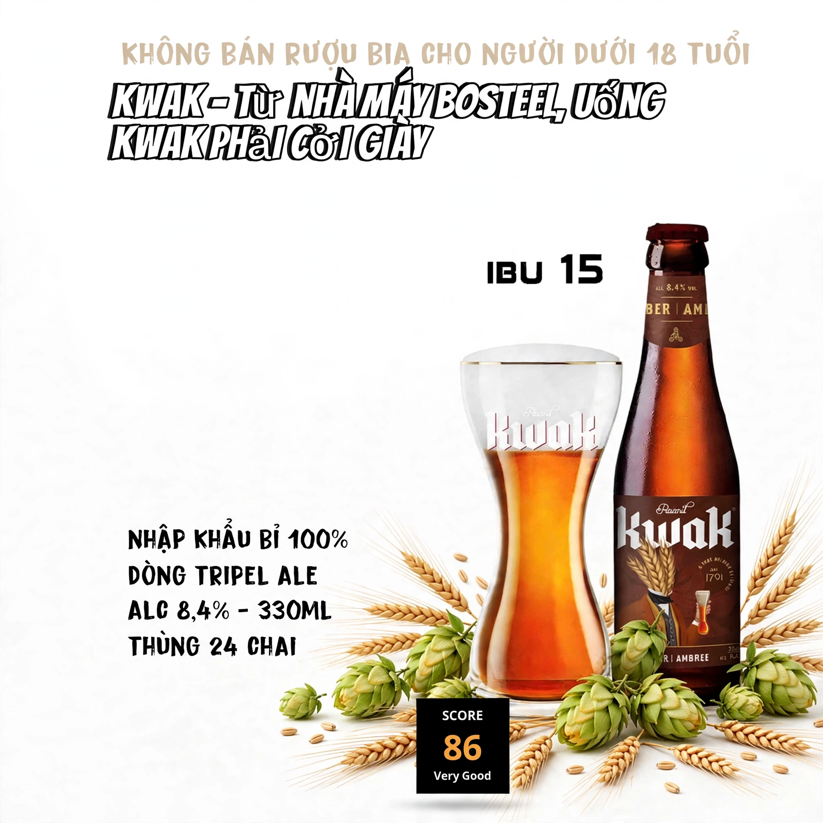 Bia Kwak Bỉ 8,4% 330ml - Tripel Ale Nhập Khẩu 100% - Thùng 24 Chai