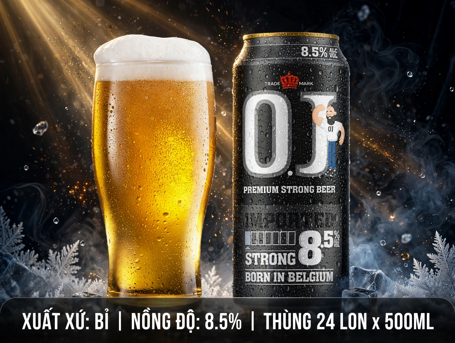 Bia Bỉ OJ Premium Strong Beer 8.5% - Thùng 24 Lon 500ml - Bia Mạnh Nhập Khẩu Belgium - Bia Lon Cao Cấp