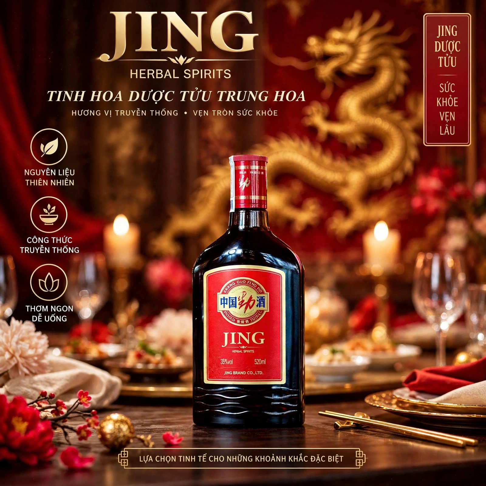 Rượu Dược Liệu JING 520ml Không Hộp - Dược Tửu Trung Hoa 35%vol - Dùng Gia Đình, Tiếp Khách