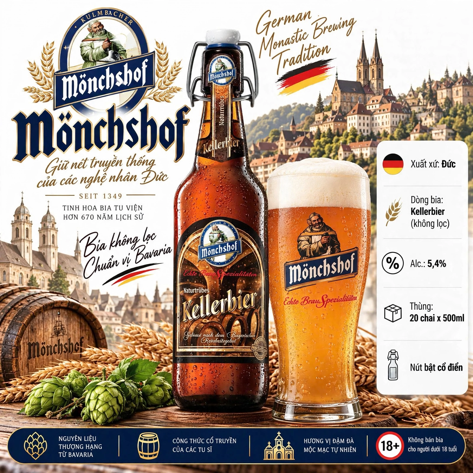 [Thùng 20 Chai] Bia Đức Mönchshof Kellerbier 5,4% - Bia Không Lọc - Naturtrübes Kellerbier - Bia Tu Viện Đức 500ml Nút Bật
