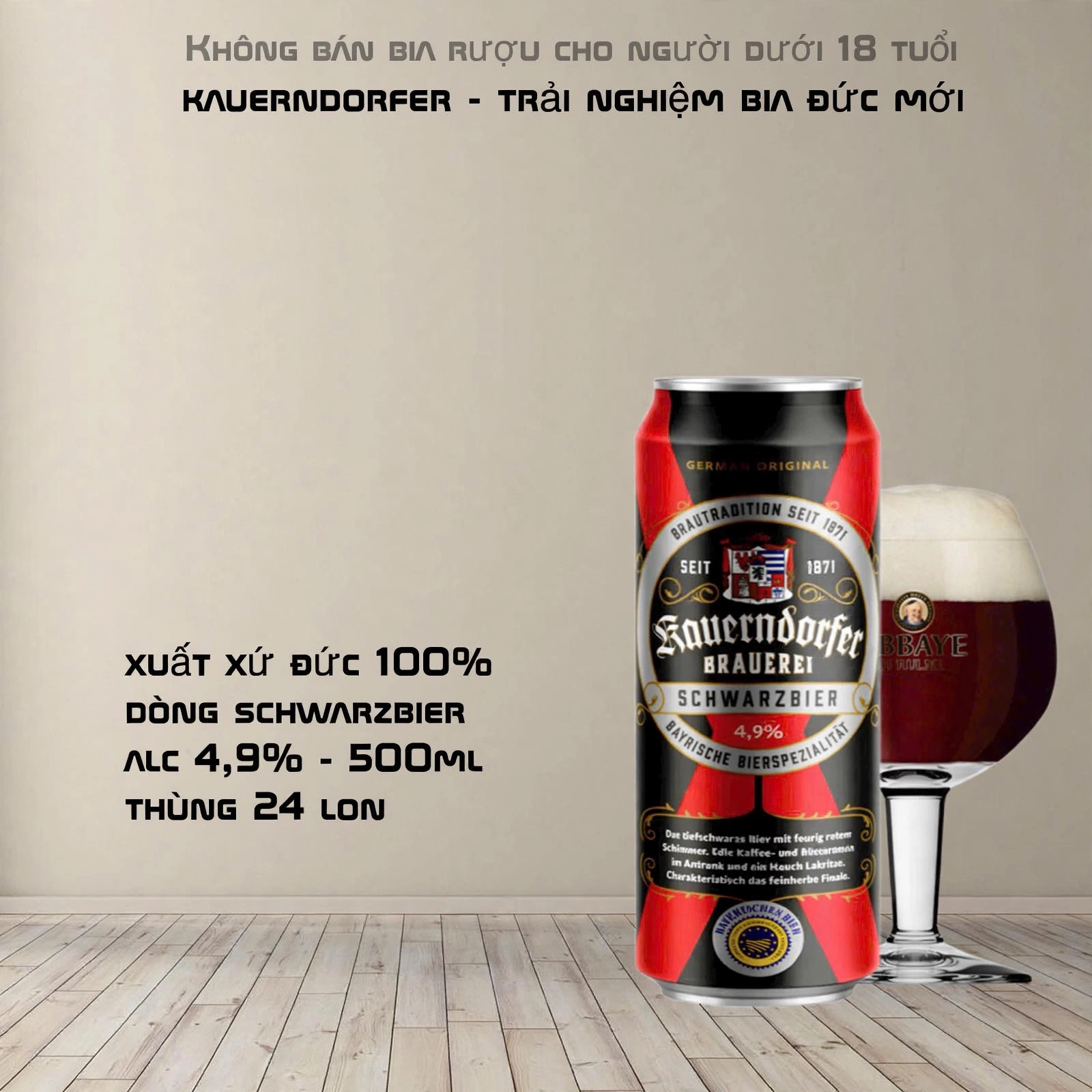 Bia Đen Đức Kauerndorfer Schwarzbier 500ml - Bia Đức 4.9% Thùng 24 Lon Nhập Khẩu