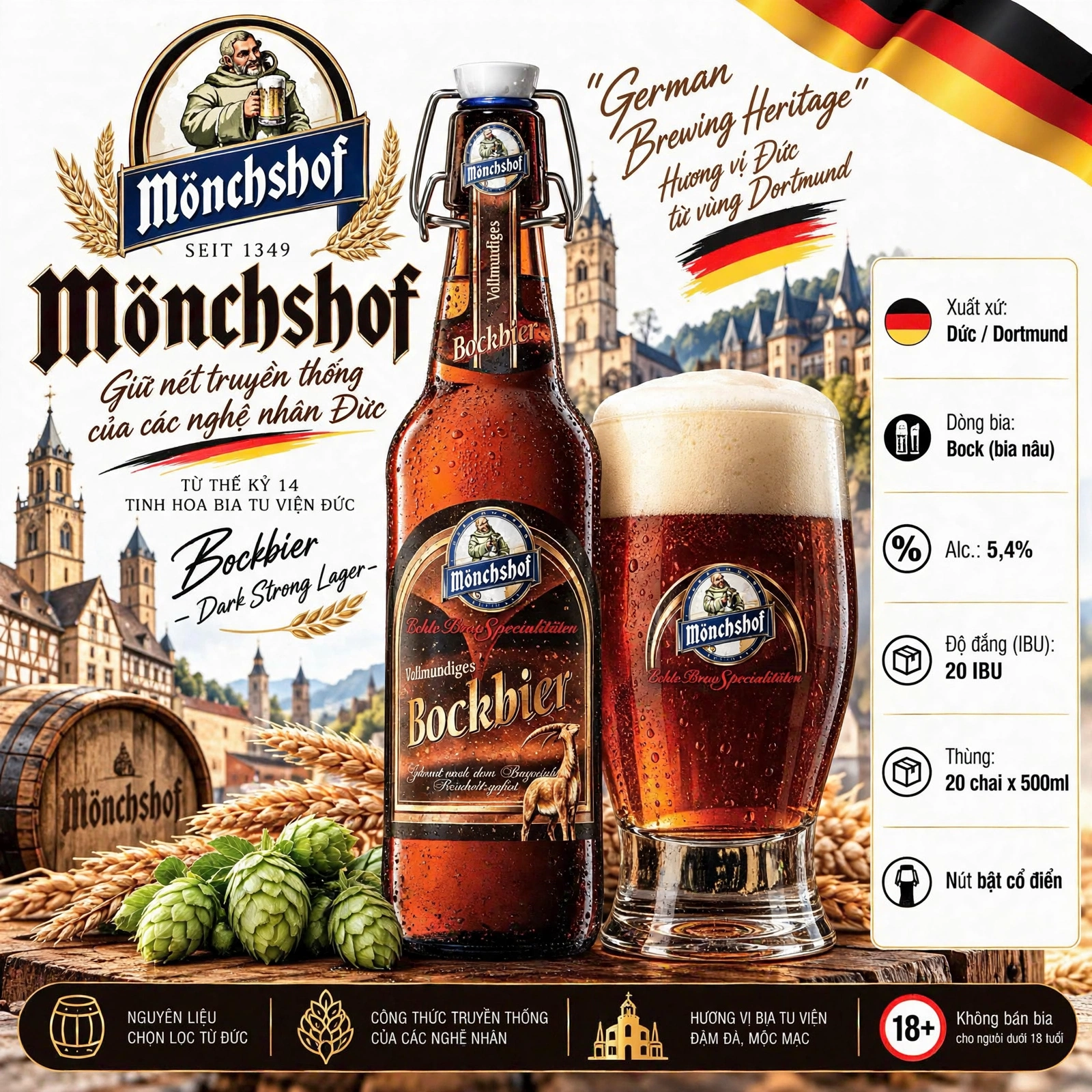 [Thùng 20 Chai] Bia Đức Mönchshof Bockbier 5,4% - Bia Nâu Bock - Dark Strong Lager Nhập Khẩu Đức - Chai 500ml Nút Bật Cổ Điển