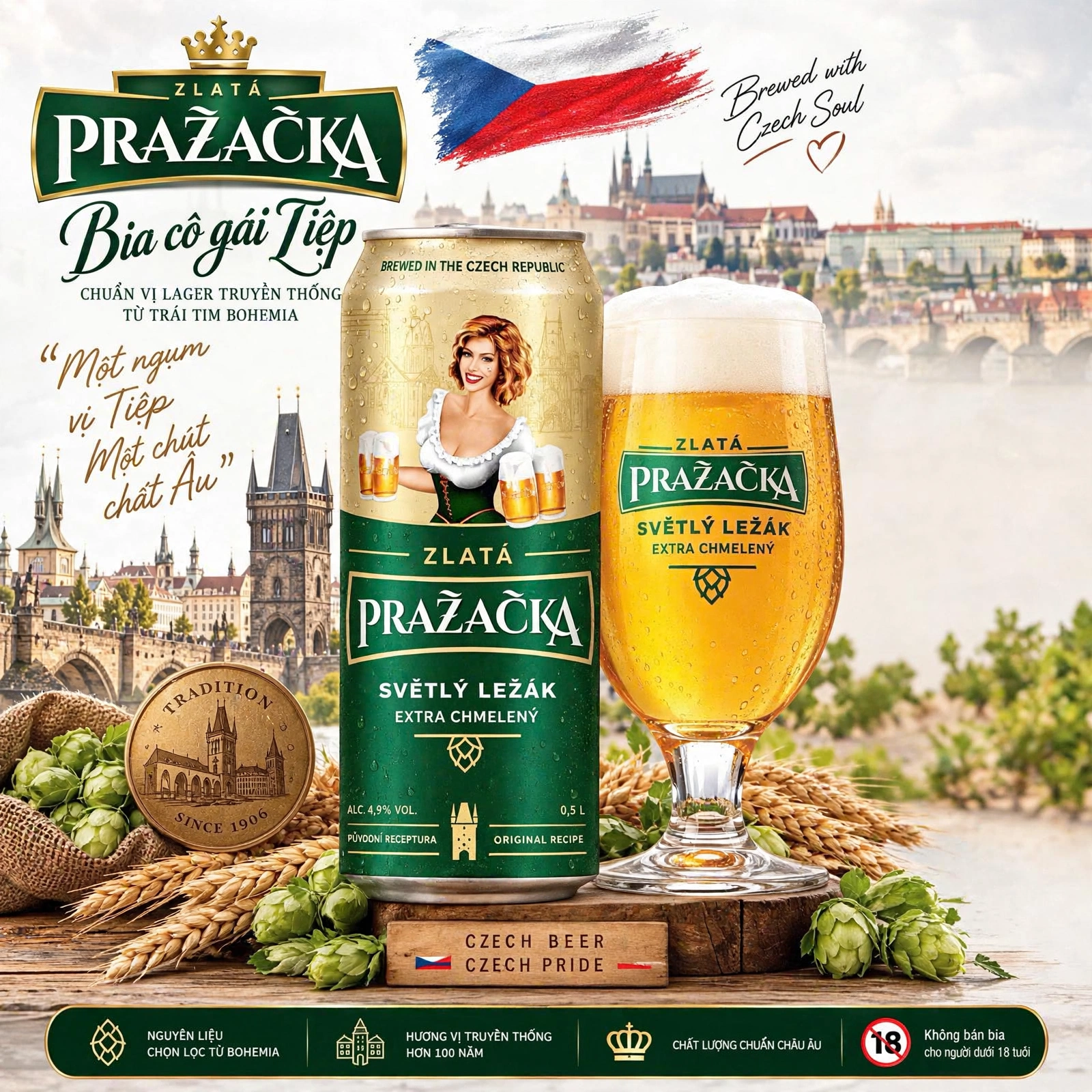 Bia Tiệp Zlatá Pražačka - Bia Cô Gái Tiệp Lager 4,9% Lon 500ml - Thùng 24 Lon