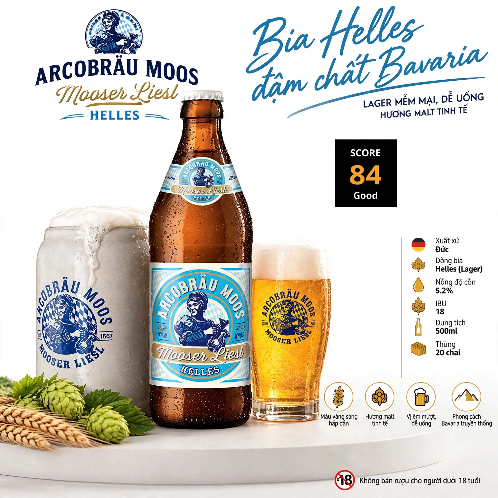 Bia Đức Arcobräu Moos Mooser Liesl Helles 5.2% - Thùng 20 Chai 500ml - Nhập Khẩu Đức - Lager Bavaria 1567