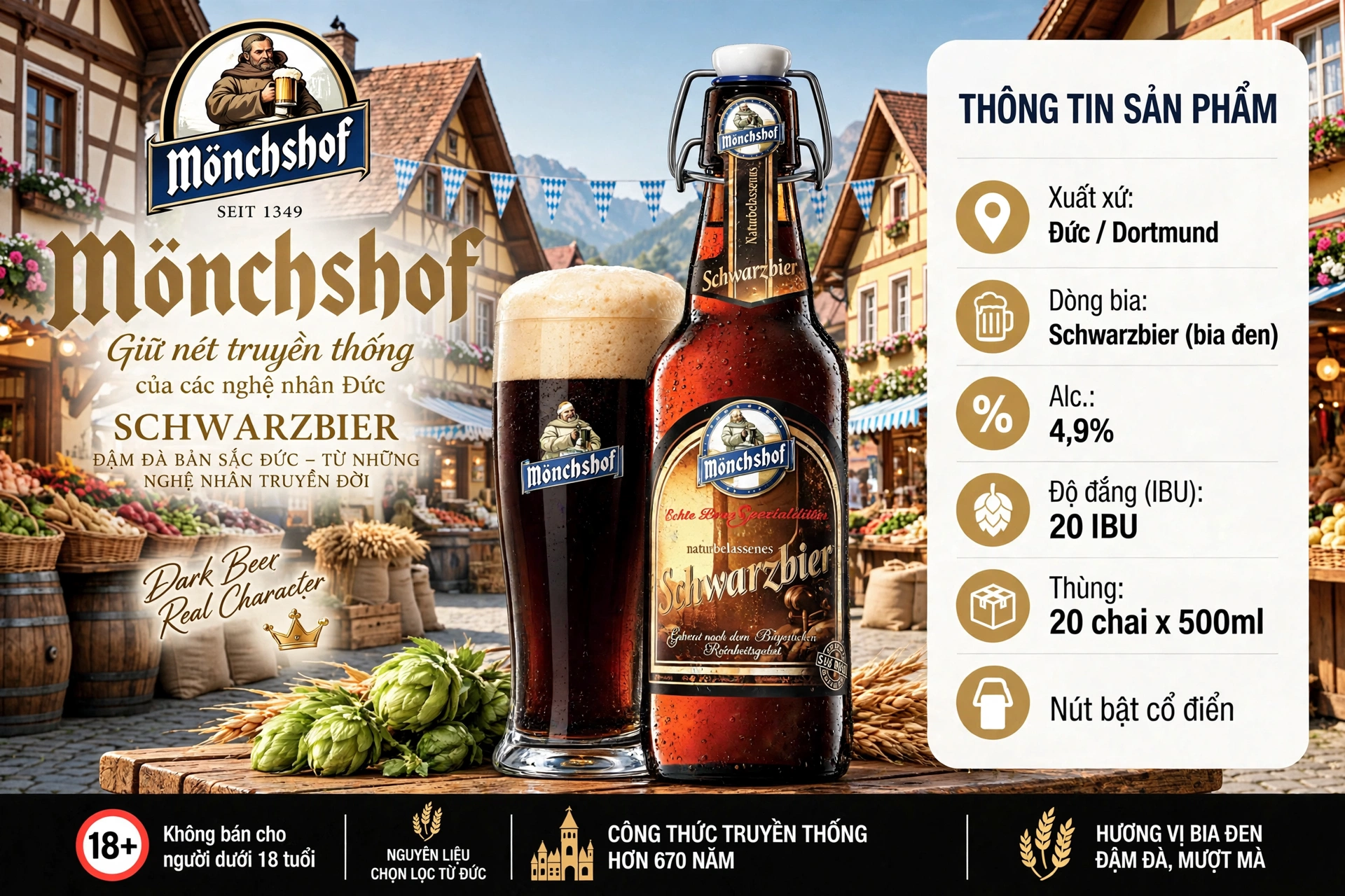 [Thùng 20 Chai] Bia Đen Đức Mönchshof Schwarzbier 4,9% 20 IBU - Bia Đức - Bia Đen - German Black Beer 500ml Nút Bật