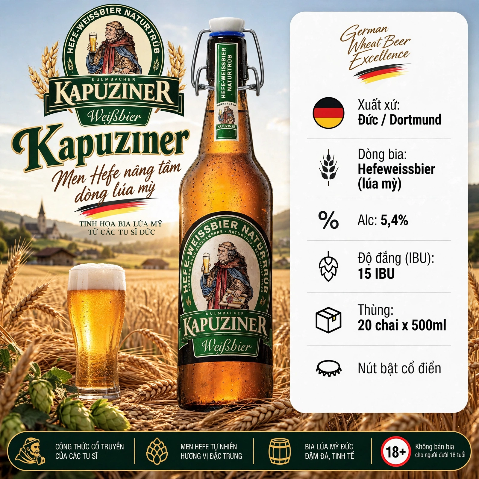 [Thùng 20 Chai] Bia Đức Kapuziner Weissbier 5,4% Hefeweissbier - Bia Lúa Mỳ Đức - German Wheat Beer 500ml Nút Bật