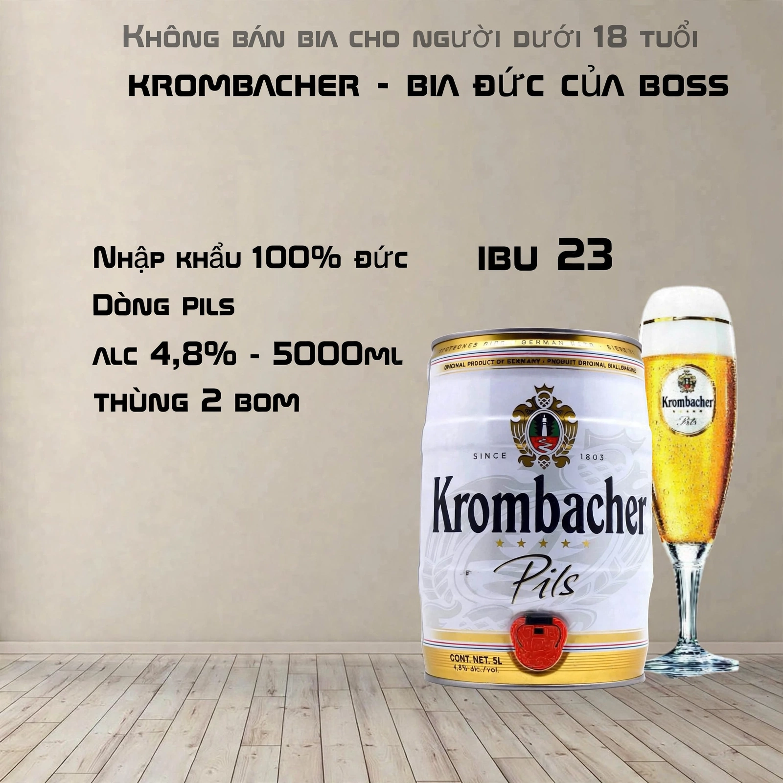 Bia Đức Krombacher Pils 5L - Bom Bia 5 Lít Có Vòi Rót - Nhập Khẩu Đức 100% - Alc 4,8%