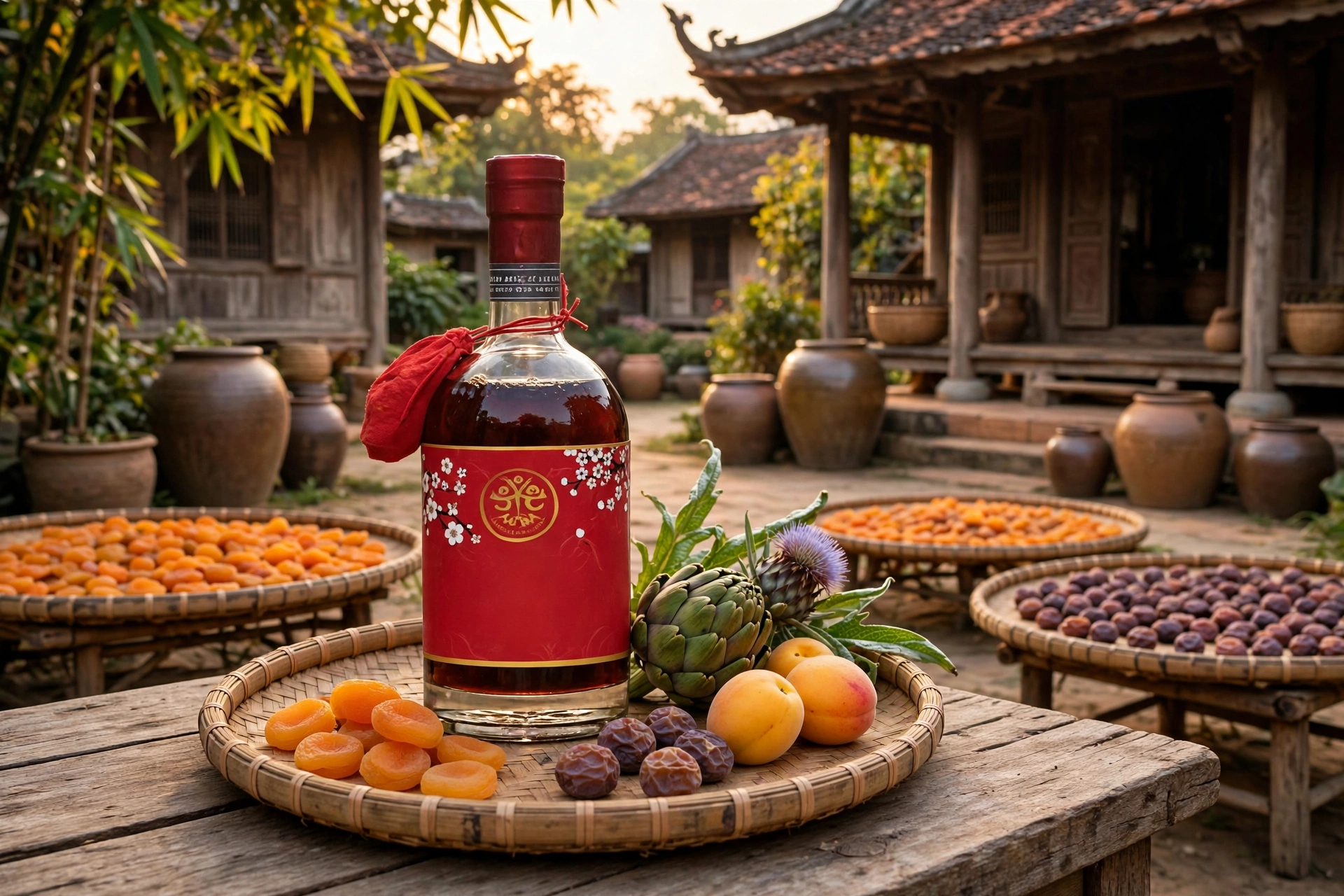 Rượu Xí Muội Spiced Apricot Liqueur 530ml - Rượu Mơ Ô Mai Atiso Ngâm Thủ Công - Quà Biếu Tết