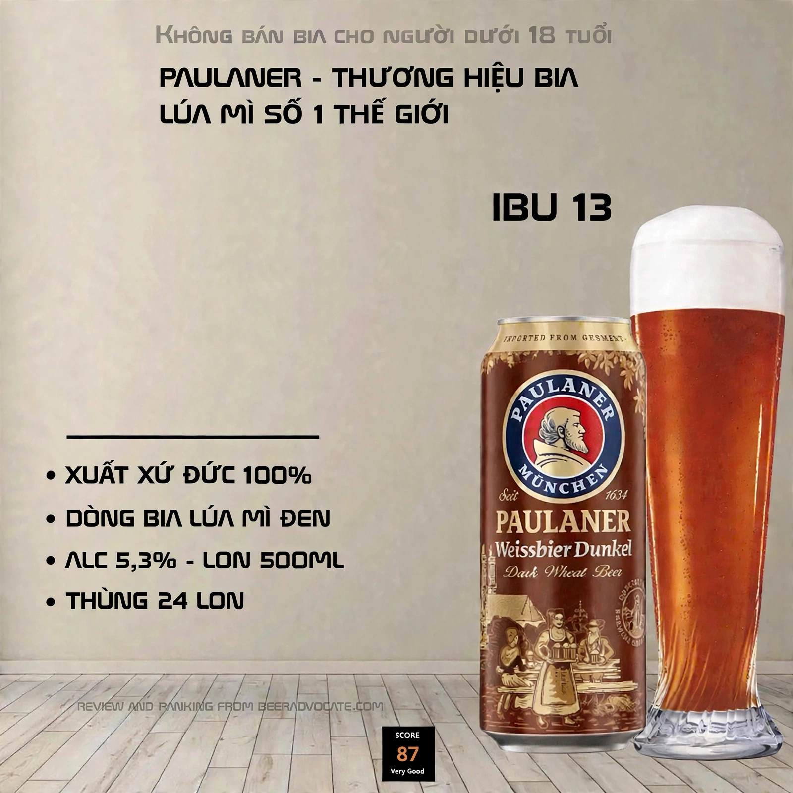 Bia Paulaner Weissbier Dunkel 500ml - Bia Lúa Mì Đen Đức - Thùng 24 Lon - Nhập Khẩu Đức 100% - Alc 5,3%