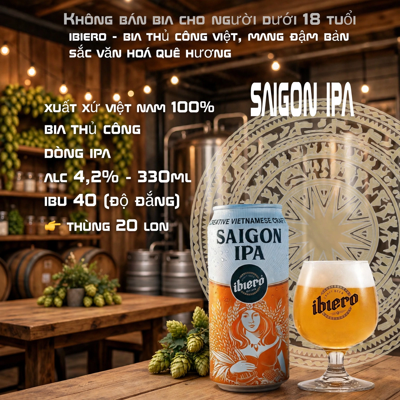 Bia Thủ Công Saigon IPA iBiero - Bia Craft Việt Nam 4,2% 330ml - Dòng IPA Thơm Hoa Bia IBU 40 - Thùng 20 Lon