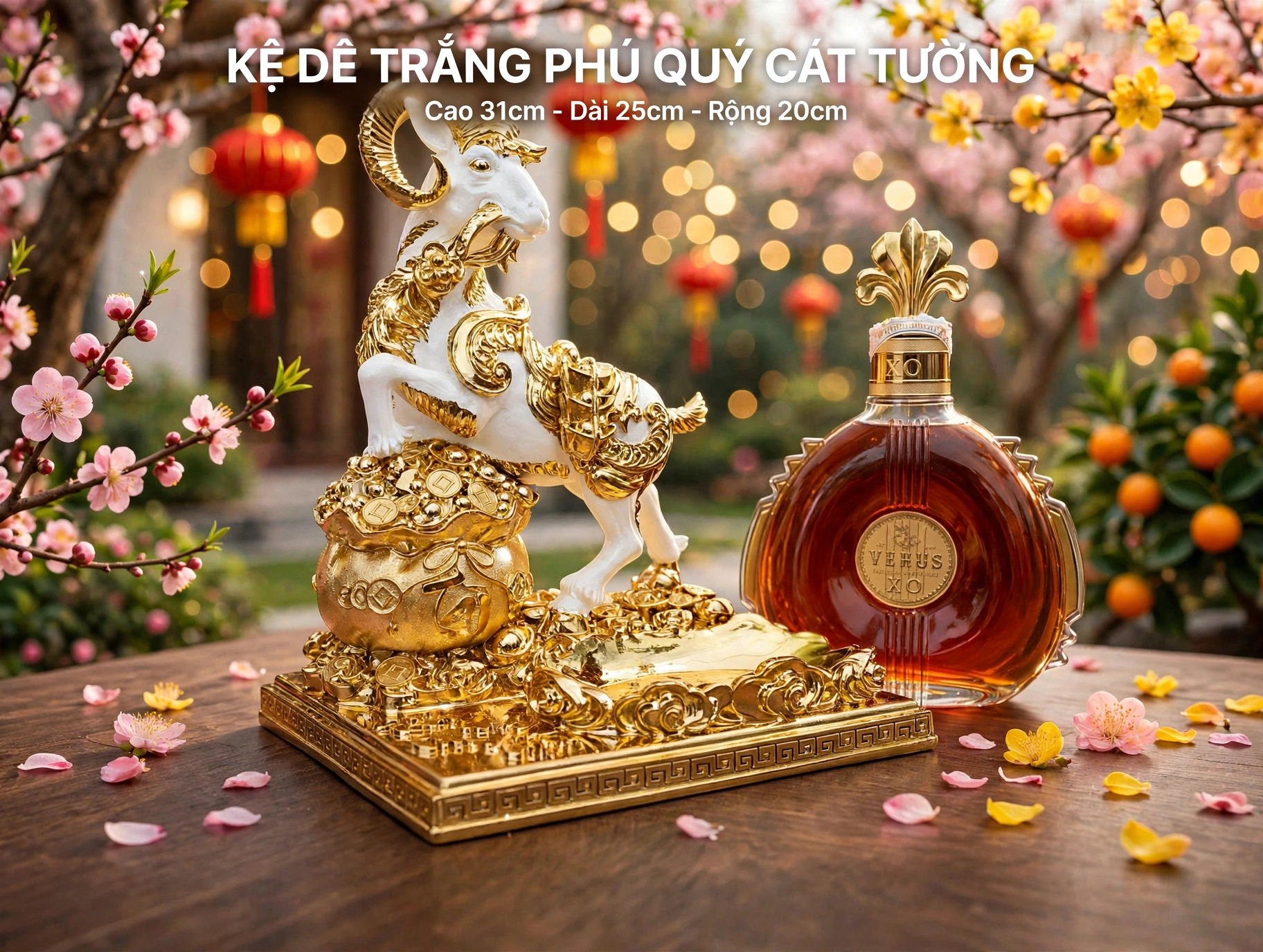 Kệ Dê Trắng Phú Quý Cát Tường Cao 31cm - Kệ Đỡ Rượu Tết 2026 - Quà Tết Sang Trọng