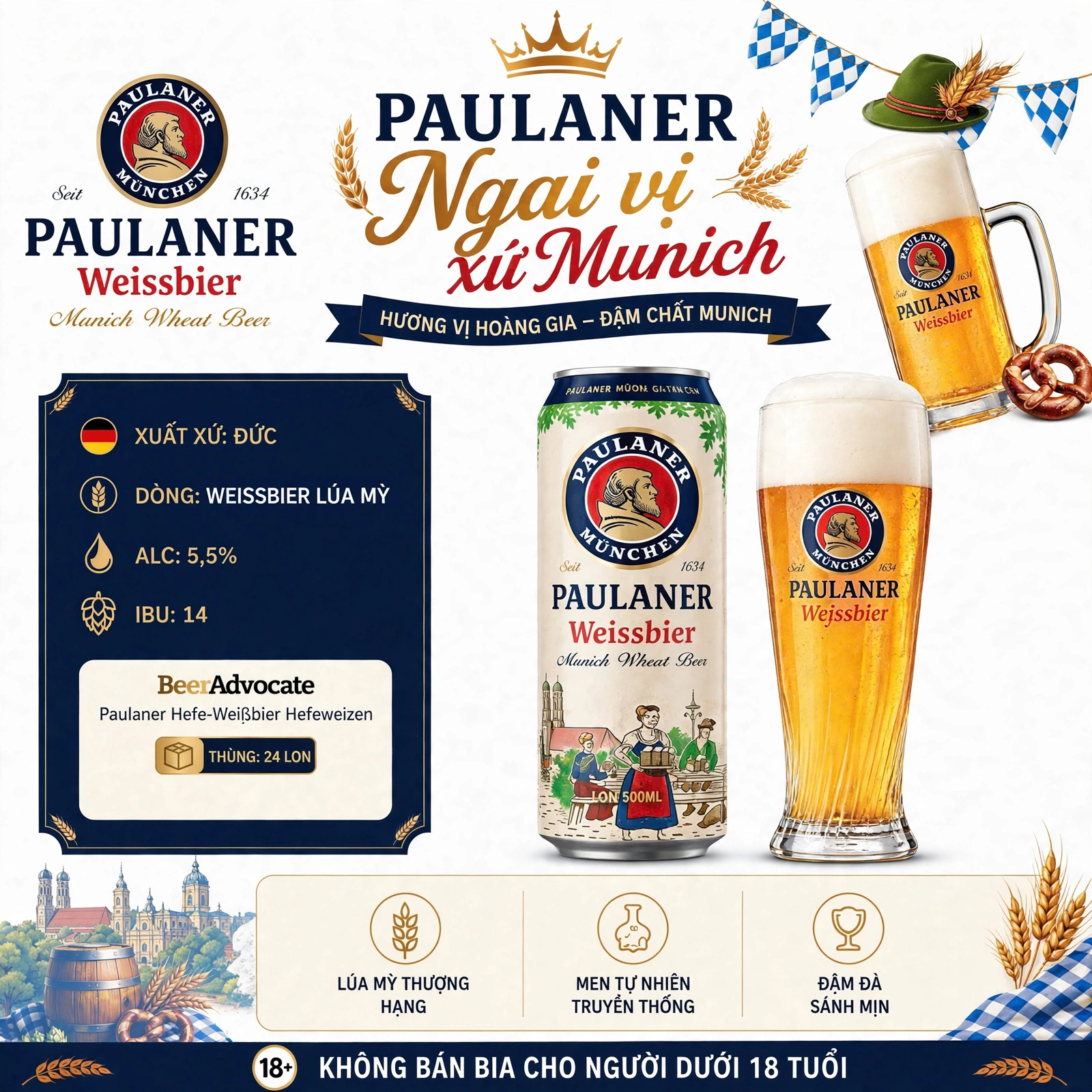 [THÙNG 24 LON] Bia Paulaner Weissbier 500ml - Bia Lúa Mỳ Đức - Bia Tươi Munich Weissbier - Alc 5.5%