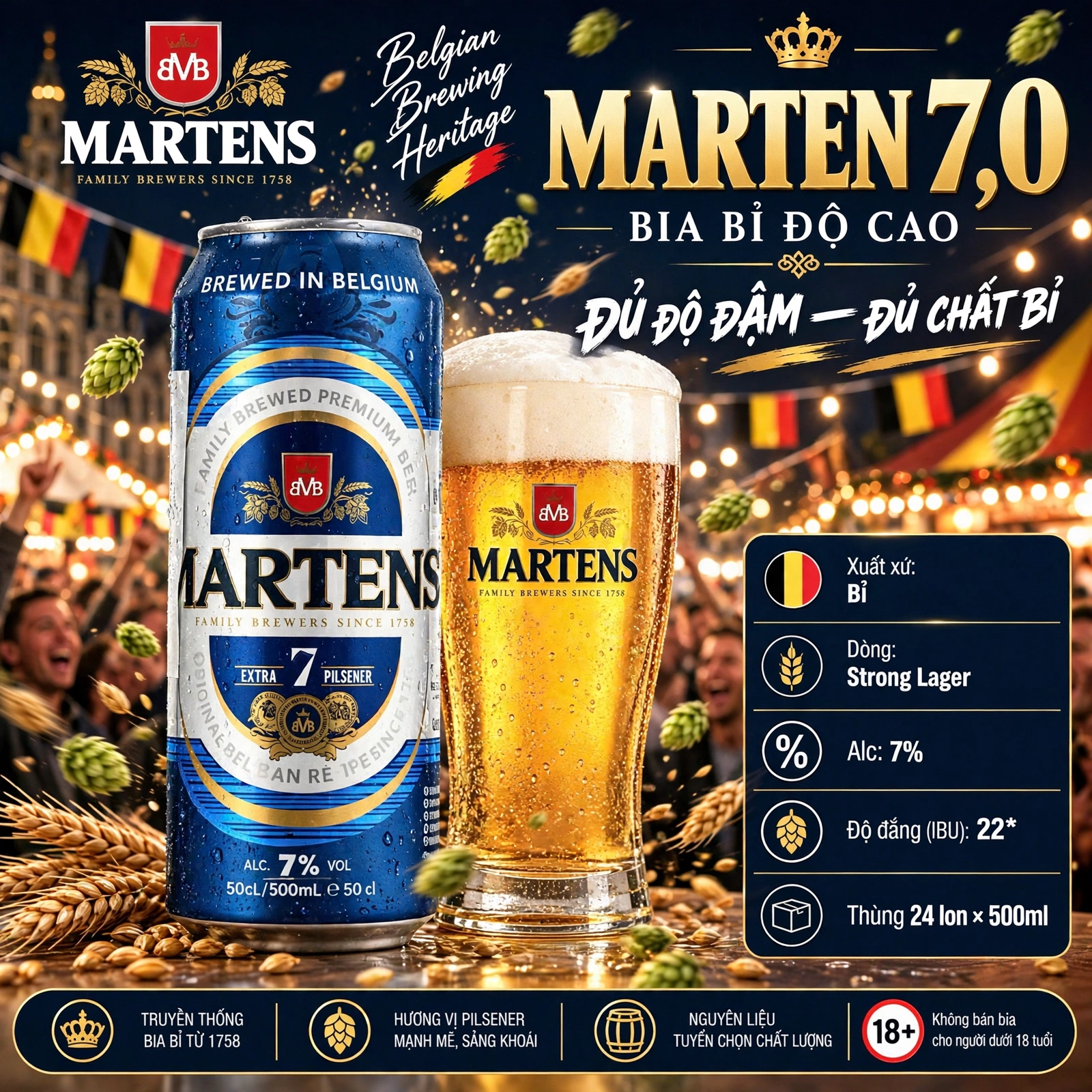 [CHÍNH HÃNG] Bia Martens 7,0% Bỉ - Extra Pilsener - Lon 500ml - Thùng 24 Lon - Nhập Khẩu Bỉ
