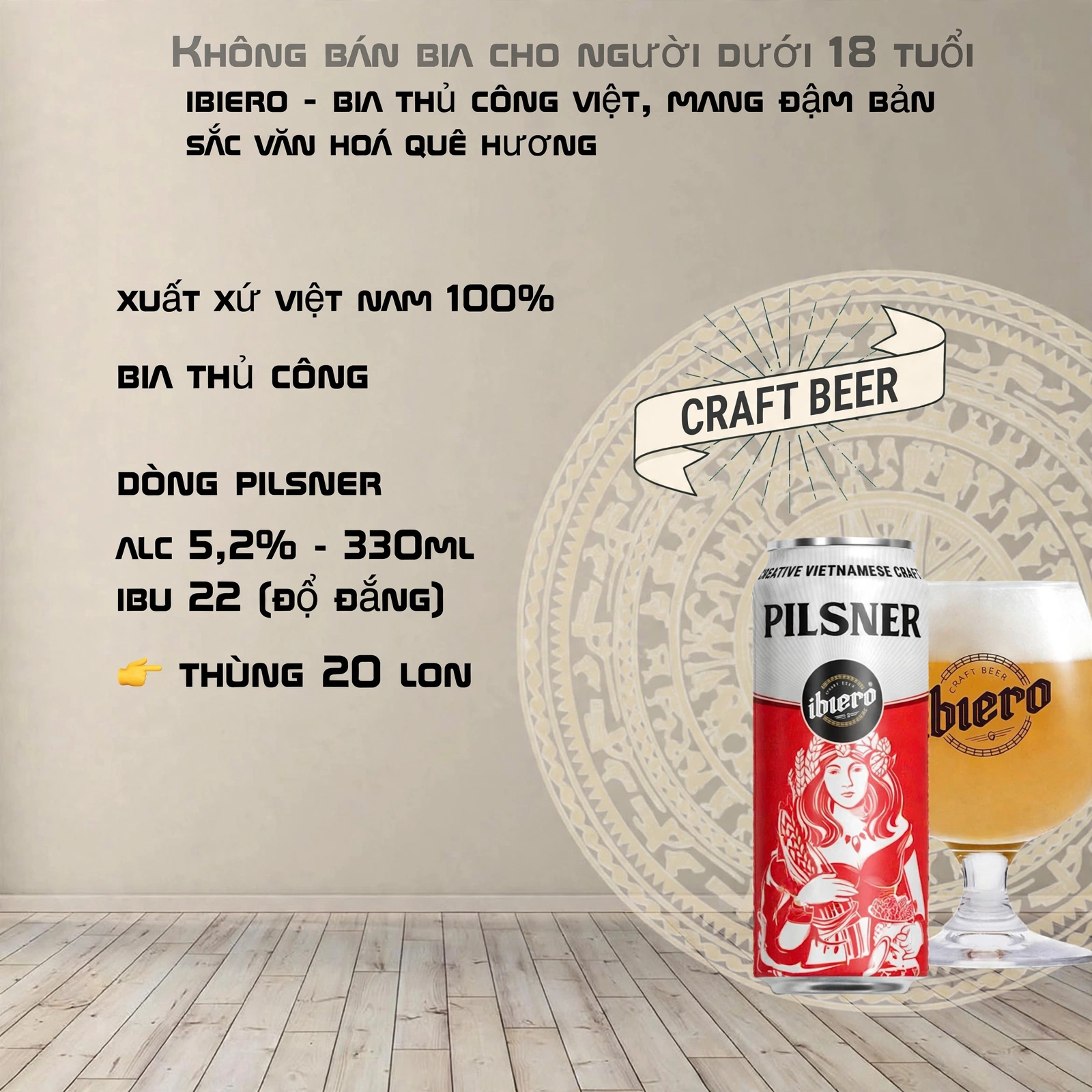 Bia Thủ Công iBiero Pilsner 5.2% - Thùng 20 Lon 330ml - Bia Craft Việt Nam