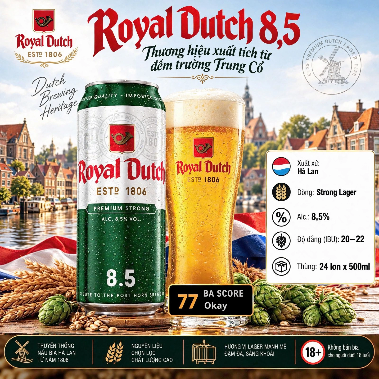 [CHÍNH HÃNG] Bia Royal Dutch 8,5% Hà Lan - Strong Lager Lon 500ml - Thùng 24 Lon - Nhập Khẩu Hà Lan