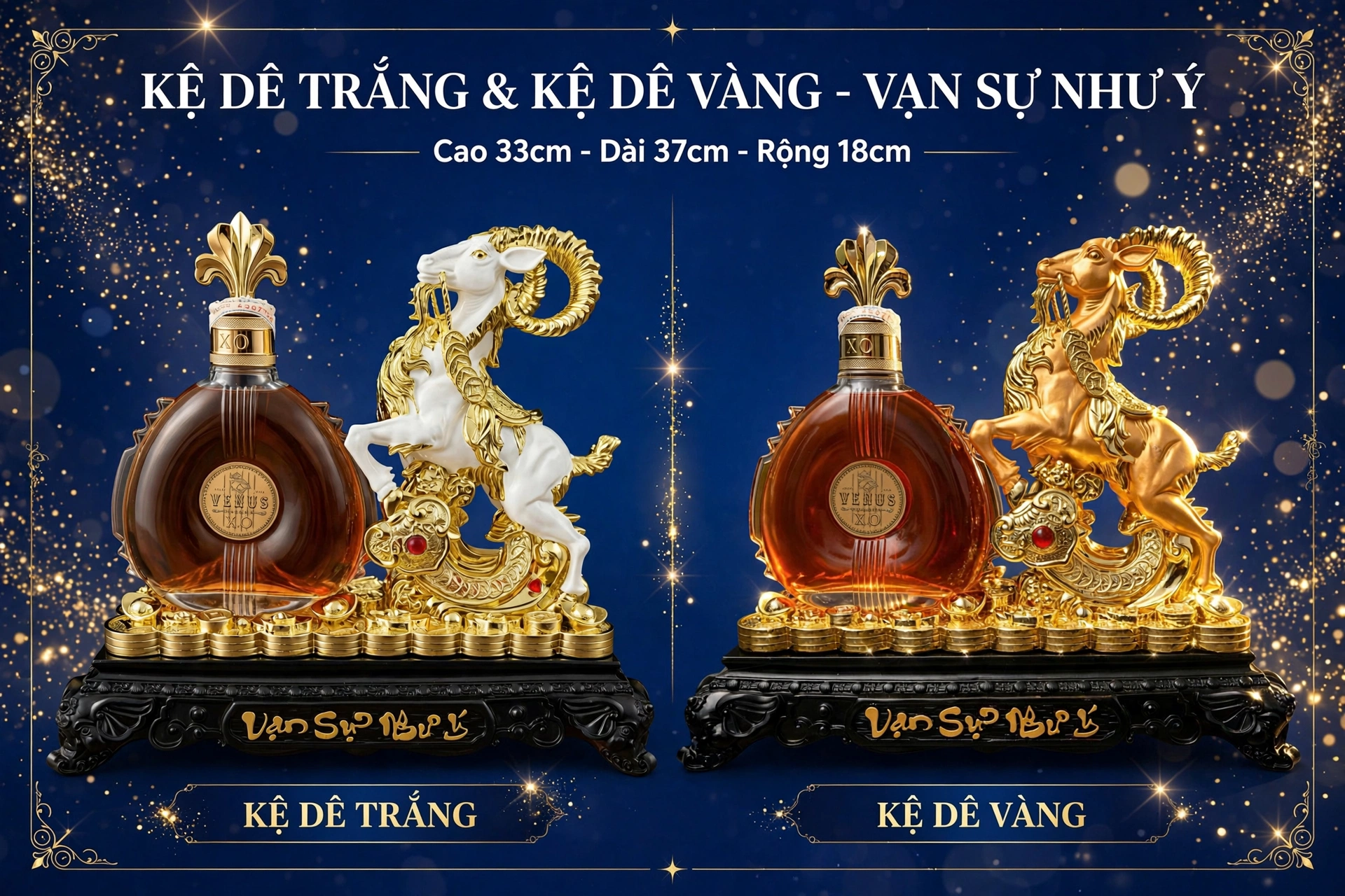 [BỘ SƯU TẬP TẾT 2027] Kệ Dê Vạn Sự Như Ý 33x37x18cm - Tượng Dê Vàng Dê Trắng Phong Thủy Trưng Rượu Venus XO