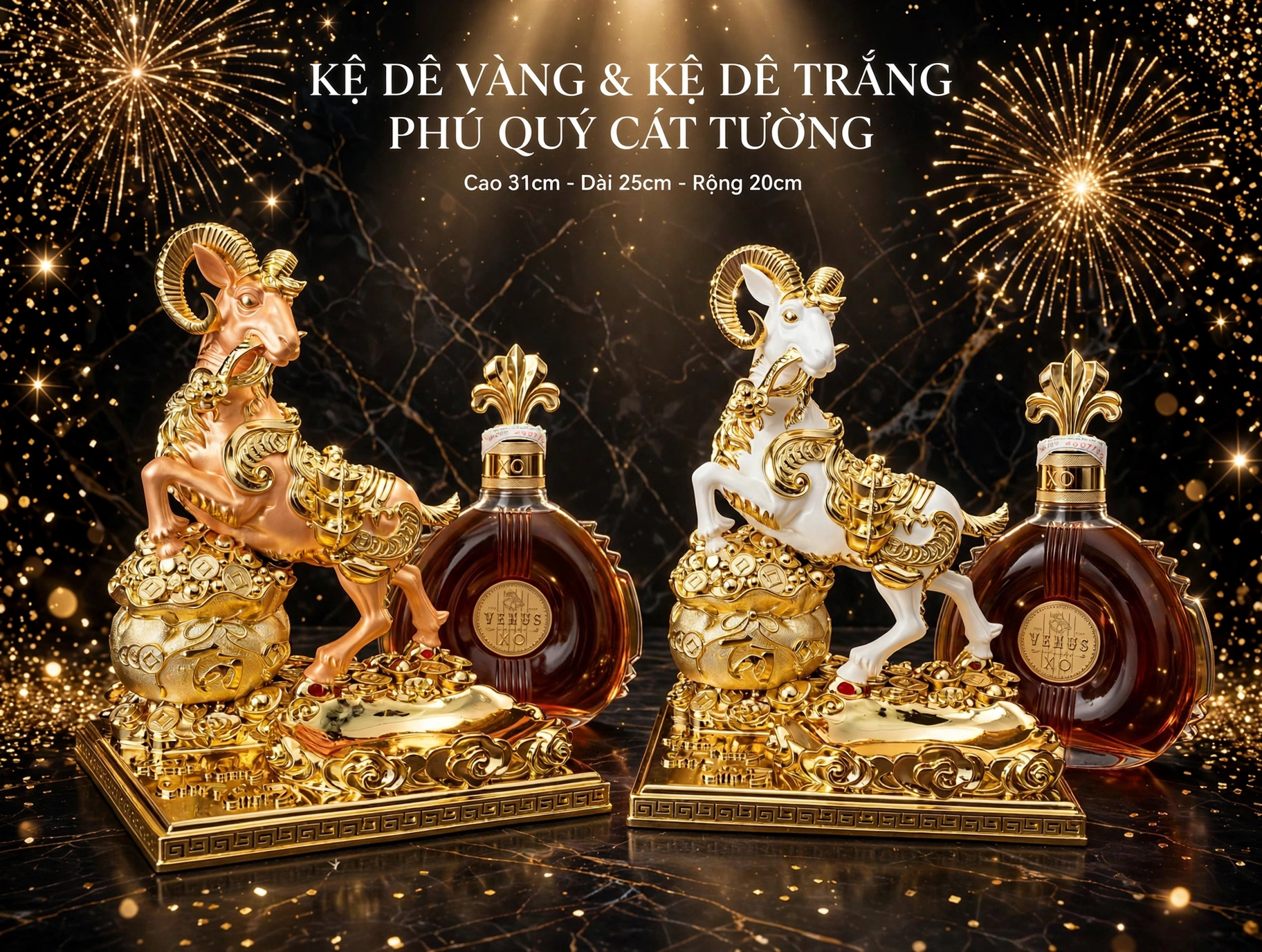 Kệ Dê Vàng & Kệ Dê Trắng Phú Quý Cát Tường Cao 31cm - Kệ Rượu Tết 2027