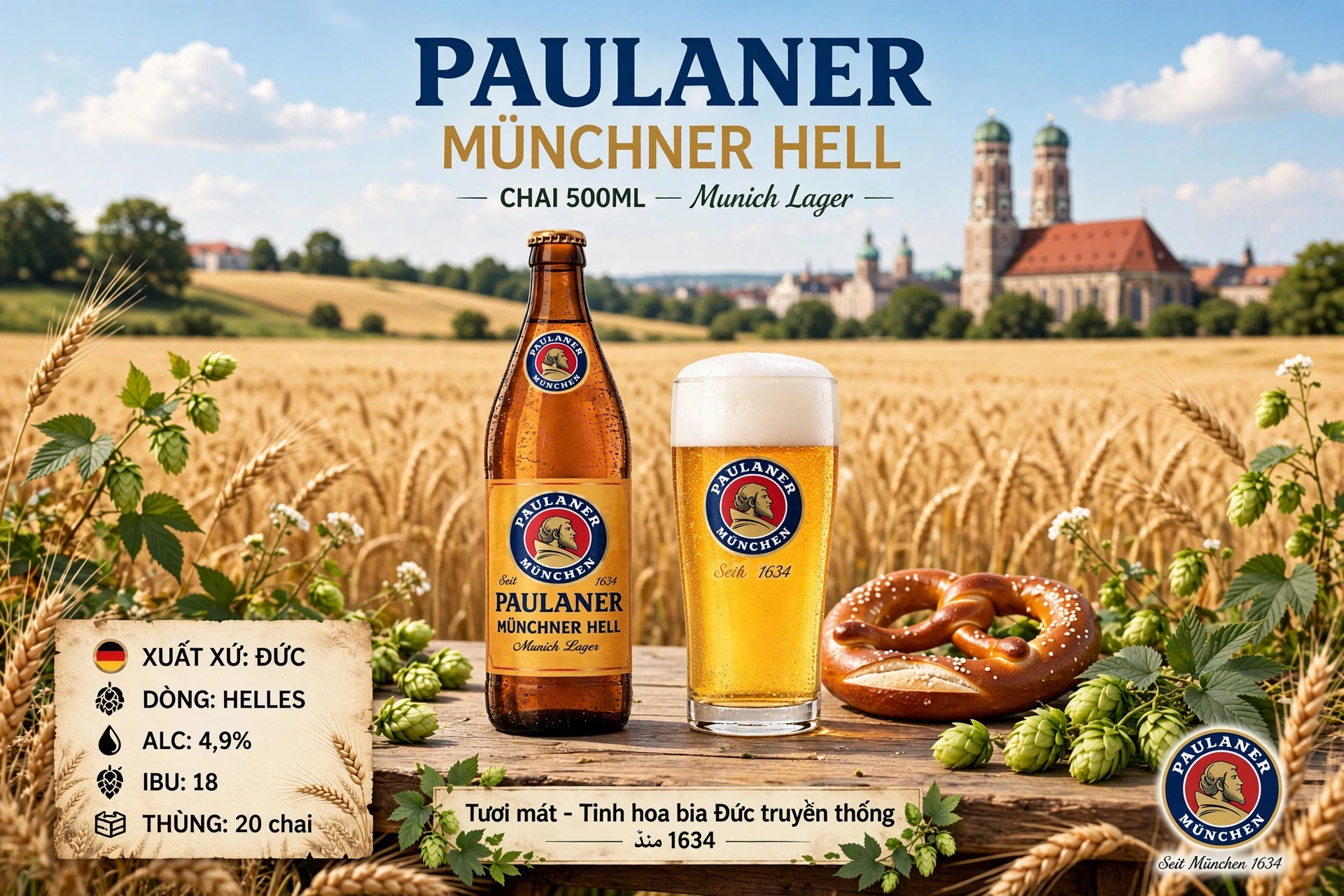 [THÙNG 20 CHAI] Bia Paulaner Münchner Hell Chai 500ml - Bia Vàng Đức - Munich Lager 4.9%