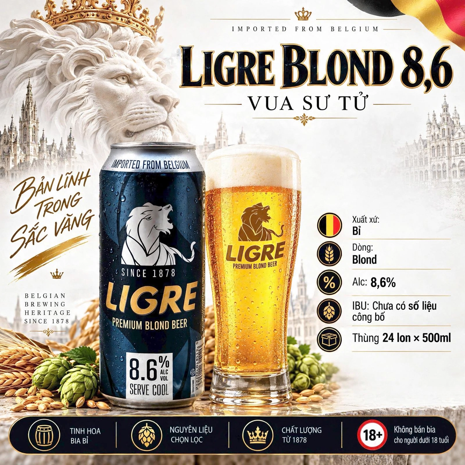 [CHÍNH HÃNG] Bia Ligre Blond 8,6% Bỉ - Premium Blond Beer - Lon 500ml - Thùng 24 Lon - Nhập Khẩu Bỉ