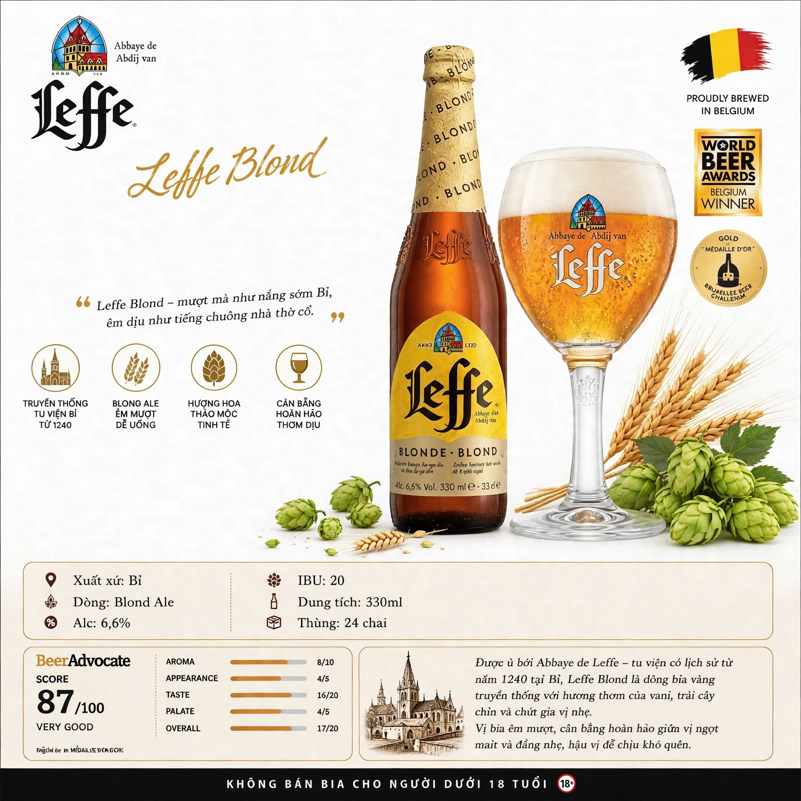 [Chính Hãng] Bia Leffe Blond 6,6% - Bia Vàng Tu Viện Bỉ - Thùng 24 Chai 330ml - Nhập Khẩu Bỉ