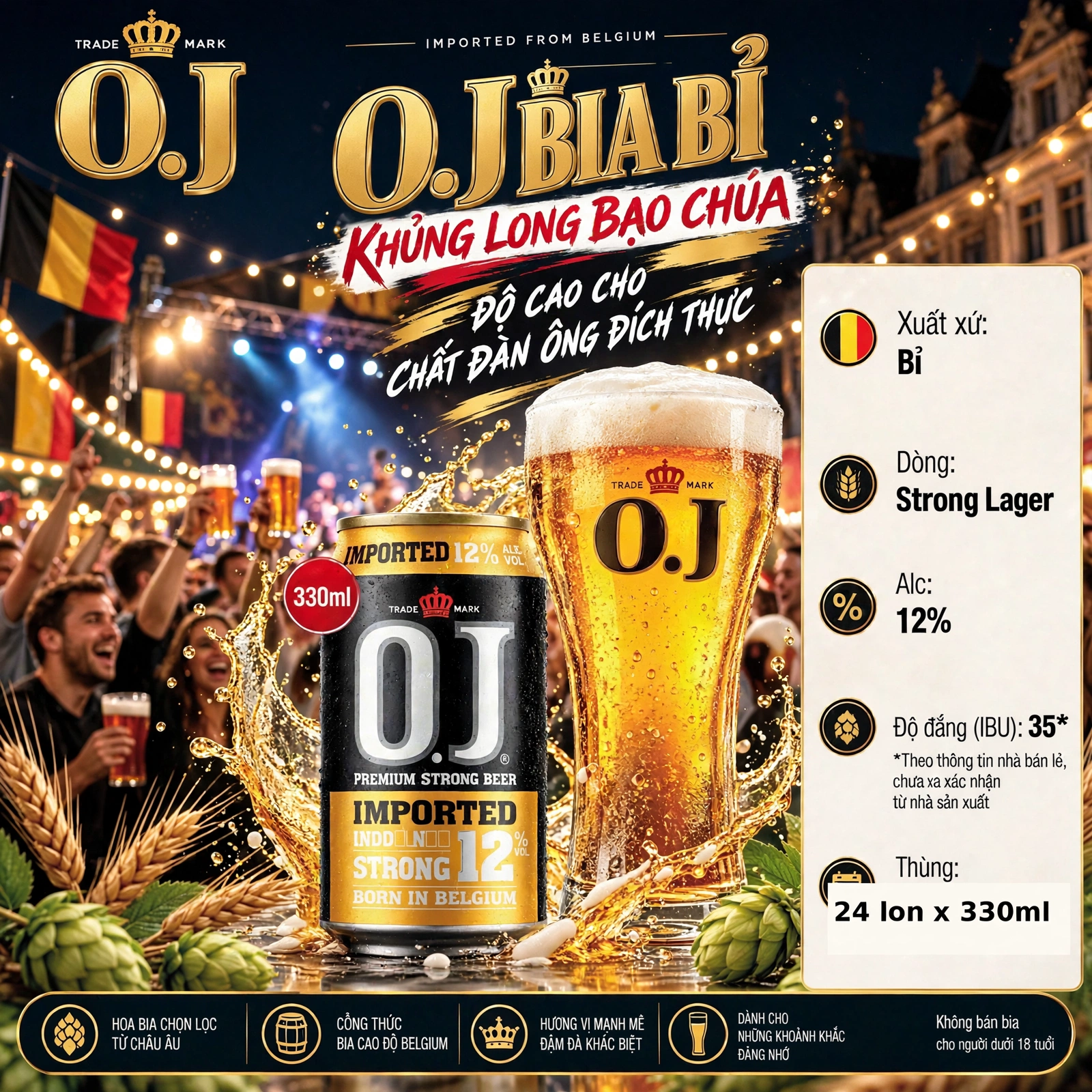 Bia Bỉ O.J Khủng Long Bạo Chúa 12% Thùng 24 Lon x 330ml - Strong Lager Nhập Khẩu Bỉ - Premium Strong Beer
