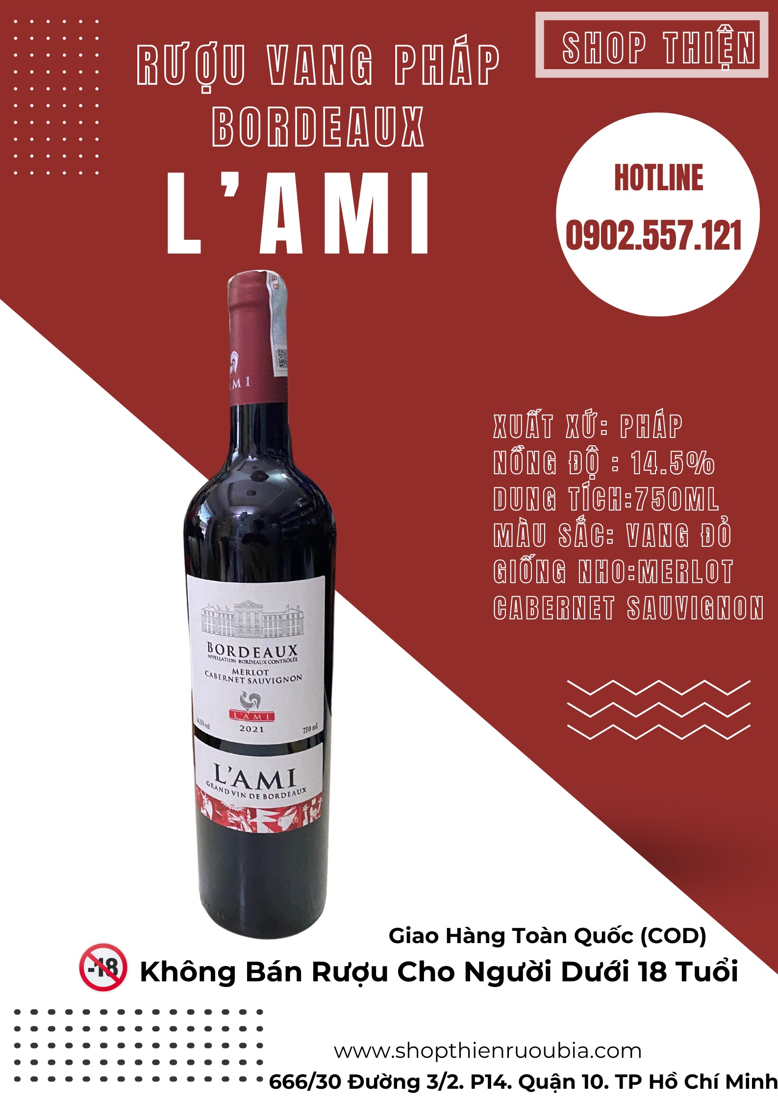 Rượu Vang Đỏ Pháp Bordeaux L'AMI 14.5% 750ml