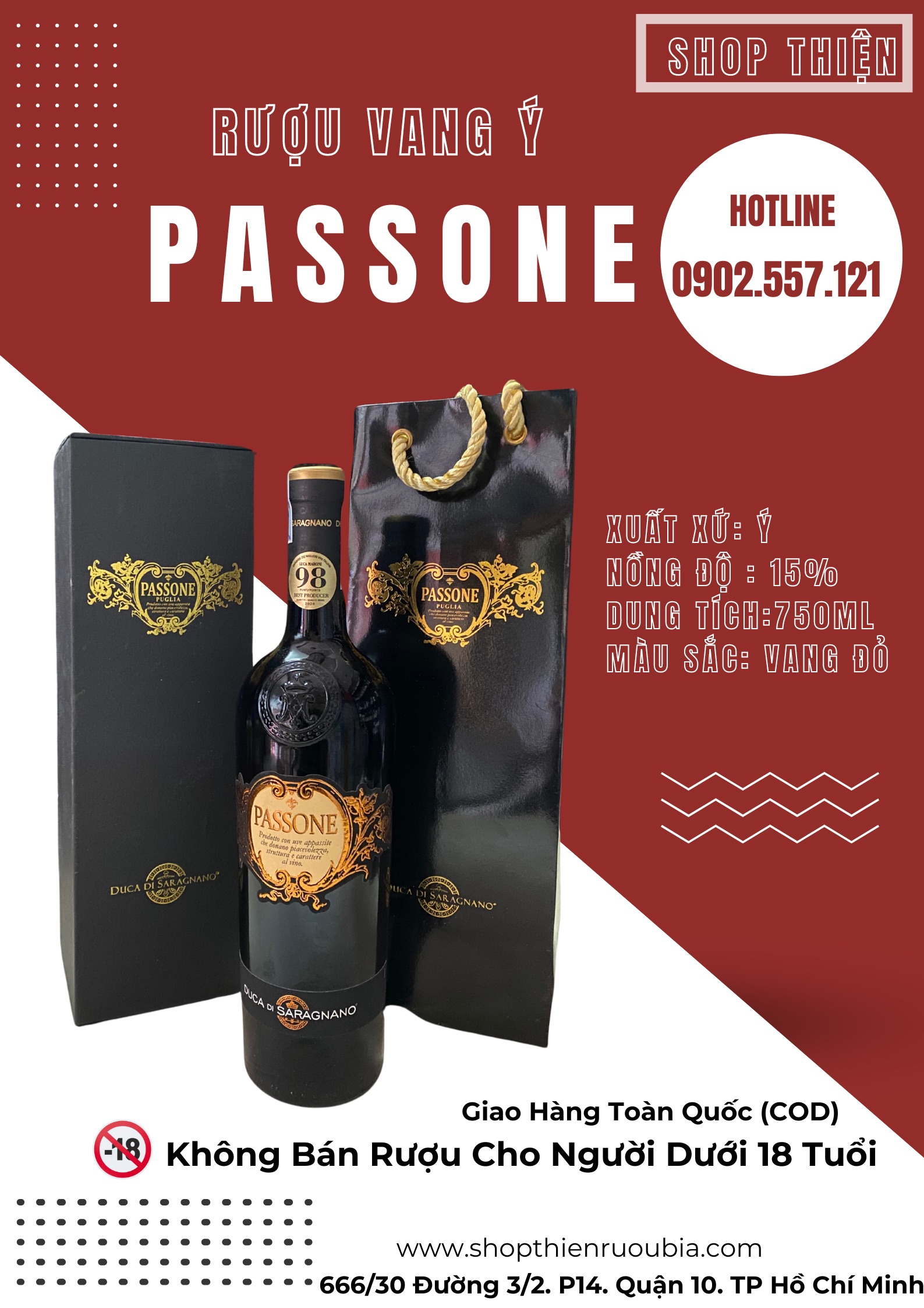 Rượu Vang Đỏ Ý PASSONE Puglia 15% 750ml