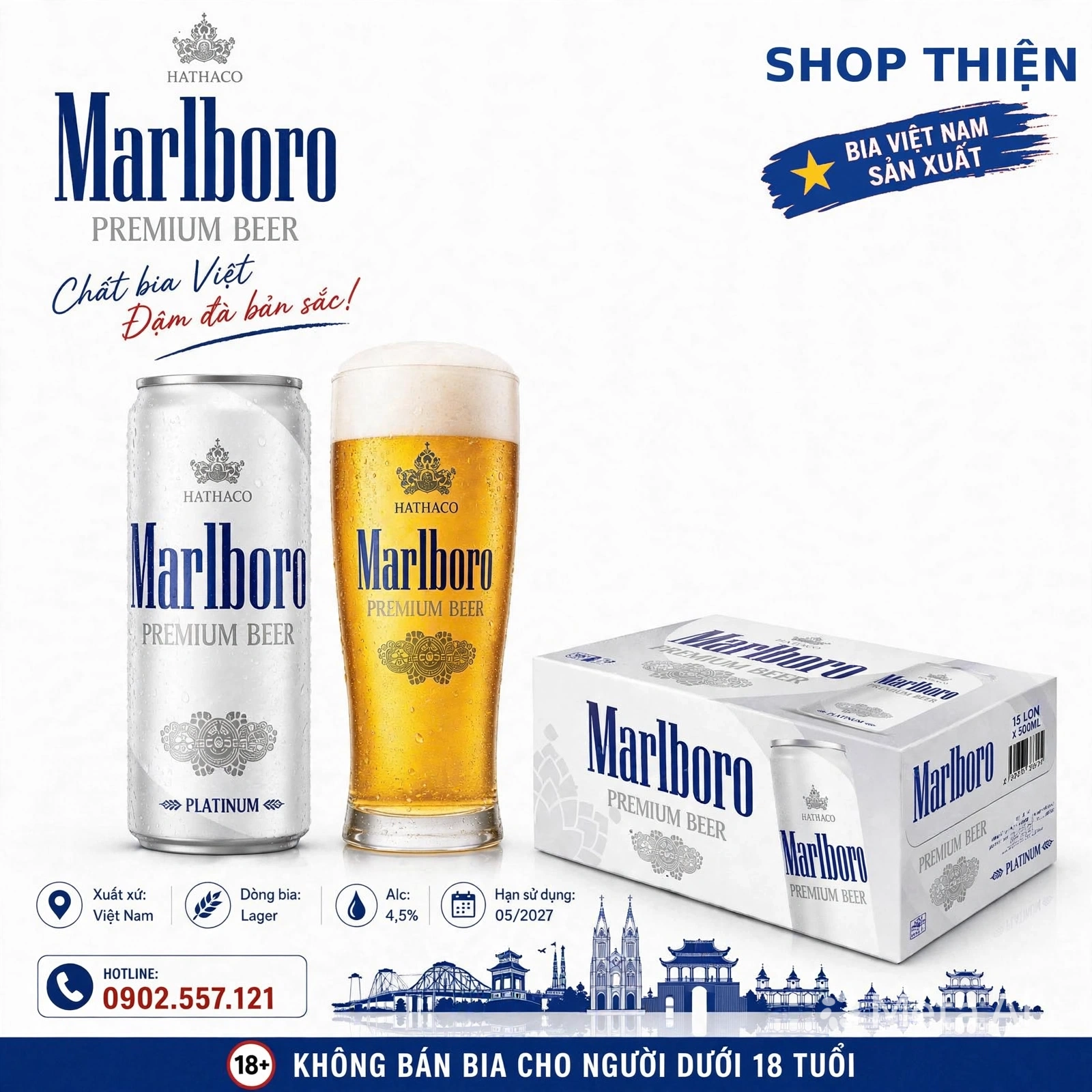 Bia Marlboro Premium Beer Platinum - Thùng 15 Lon x 500ml - Bia Việt Nam Sản Xuất - HATHACO
