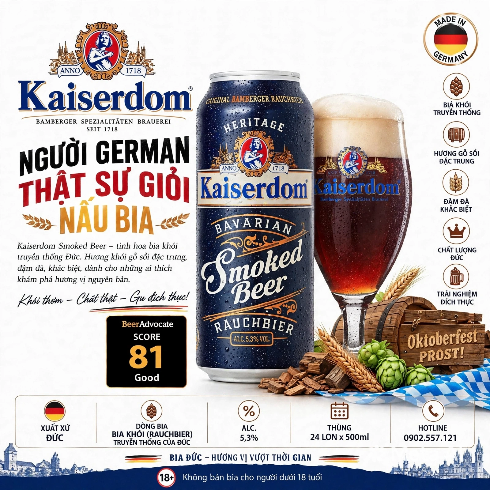 Bia Đức Kaiserdom Smoked Beer Rauchbier Heritage 5.3% - Thùng 24 Lon x 500ml - Bia Khói Truyền Thống