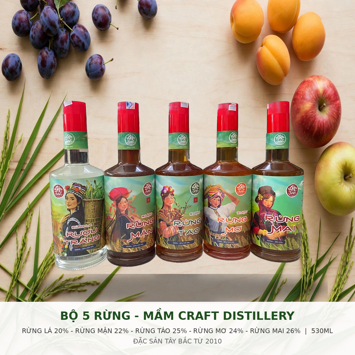 Rượu Rừng 530ml - Mầm Craft Distillery 20%-26% Vol - Rượu Đặc Sản Tây Bắc - Rượu Mận Rừng, Táo Mèo, Mơ Rừng, Mai Vàng, Rượu Trắng Gạo Nếp - 5 Vị