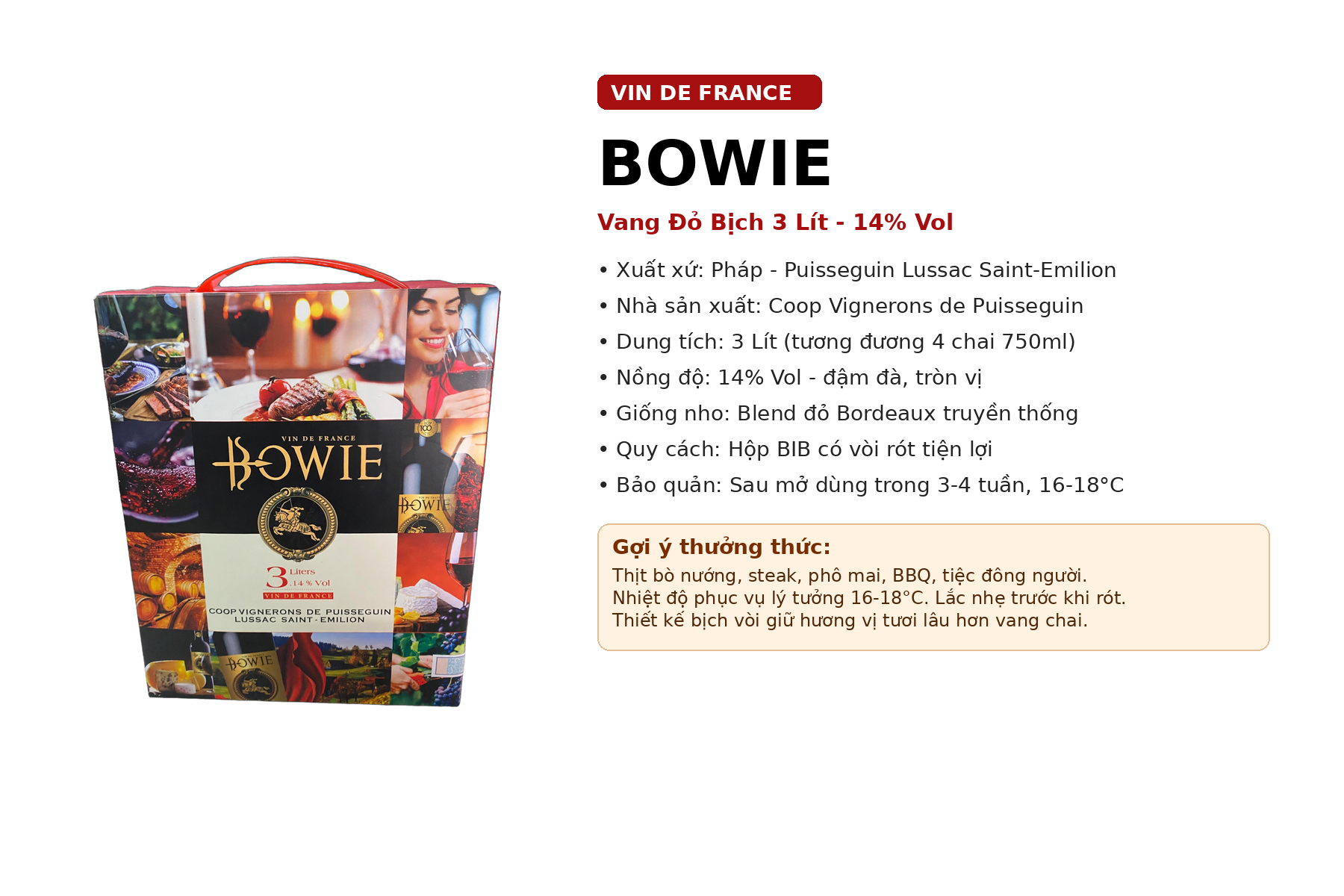 Vang Đỏ Bịch 3 Lít Bowie Pháp 14% - Vin De France - Bịch Vang Bordeaux Có Vòi Rót Tiện Lợi