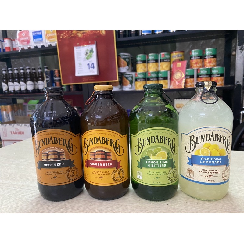 Combo mix 4 chai nước trái cây Bundaberg 375ml- Boot beer, Ginger Beer, chanh Xanh, chanh Vàng