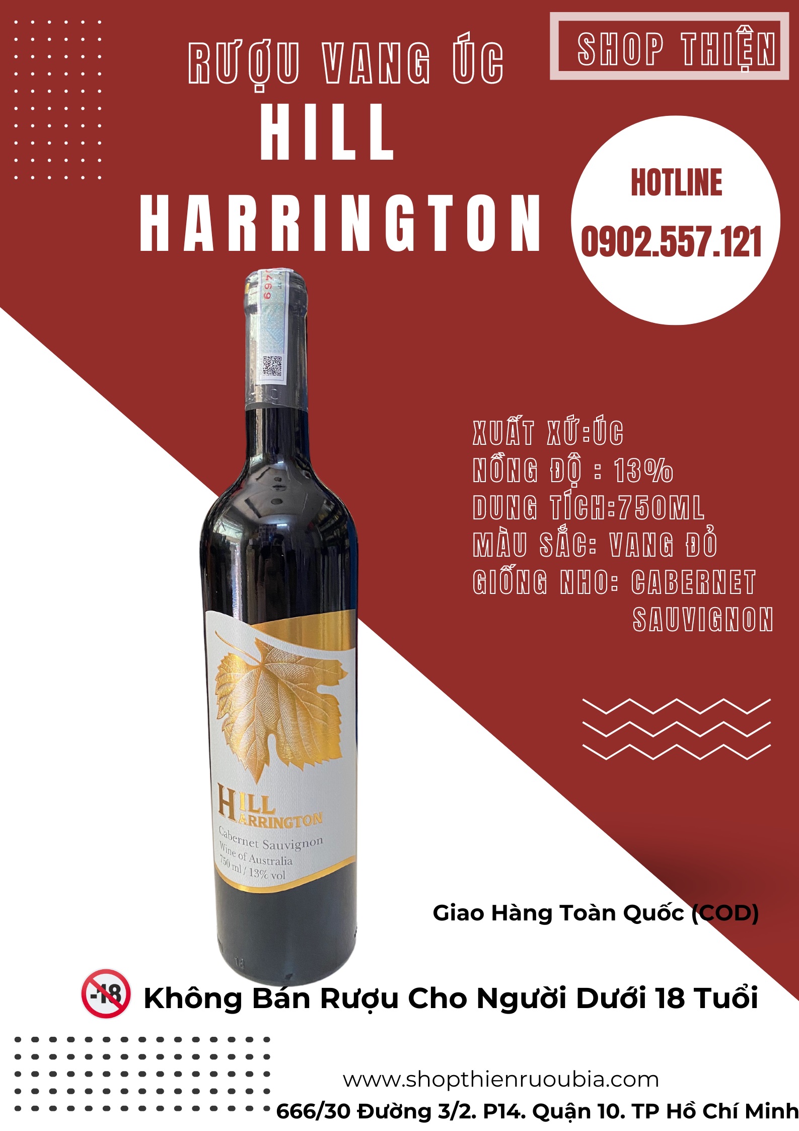 Rượu Vang Đỏ Úc HILL HARRINGTON Cabernet Sauvignon 13% 750ml