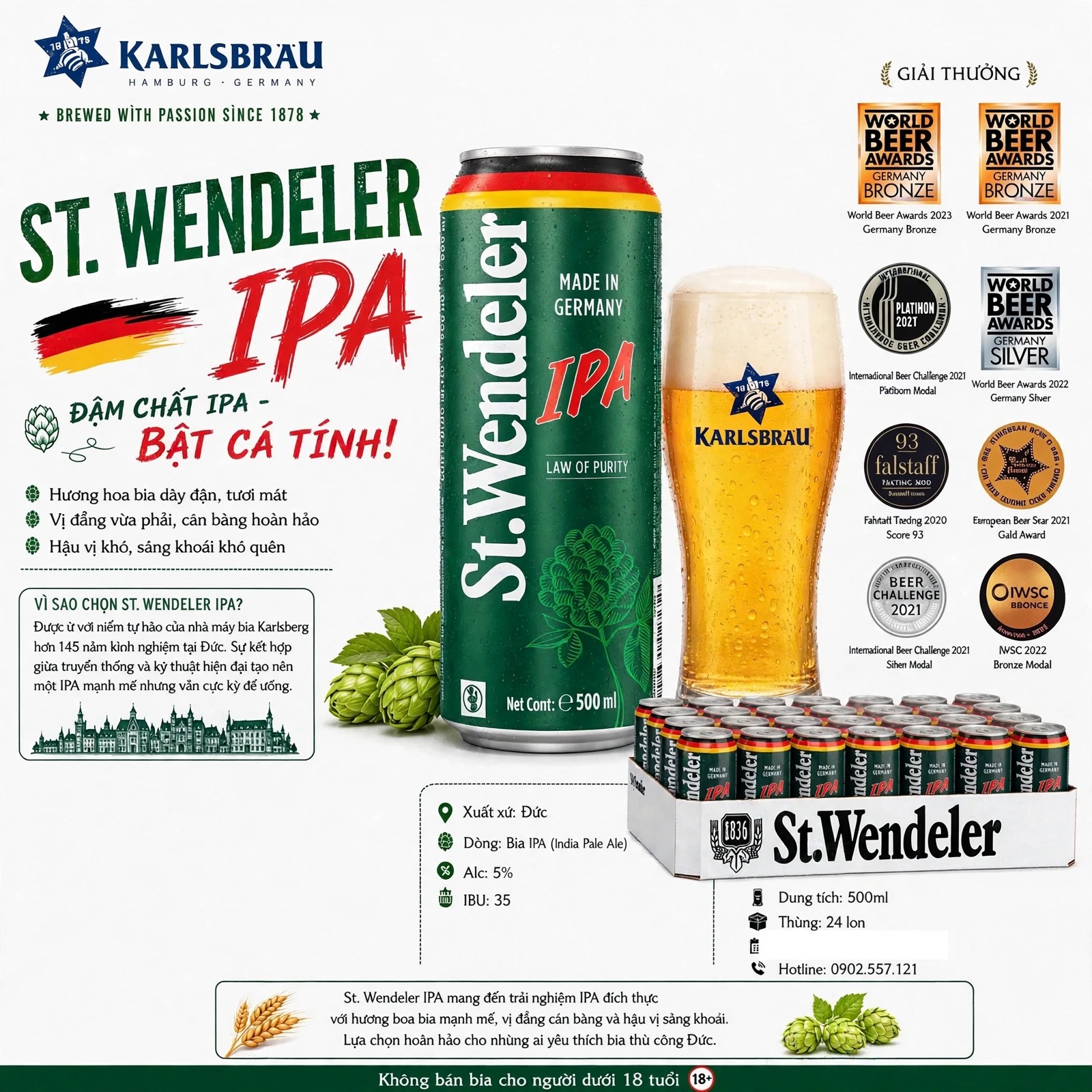Bia Đức St.Wendeler IPA 5% Lon 500ml - Bia IPA Đậm Chất Đức - Thùng 24 Lon - Karlsbrau