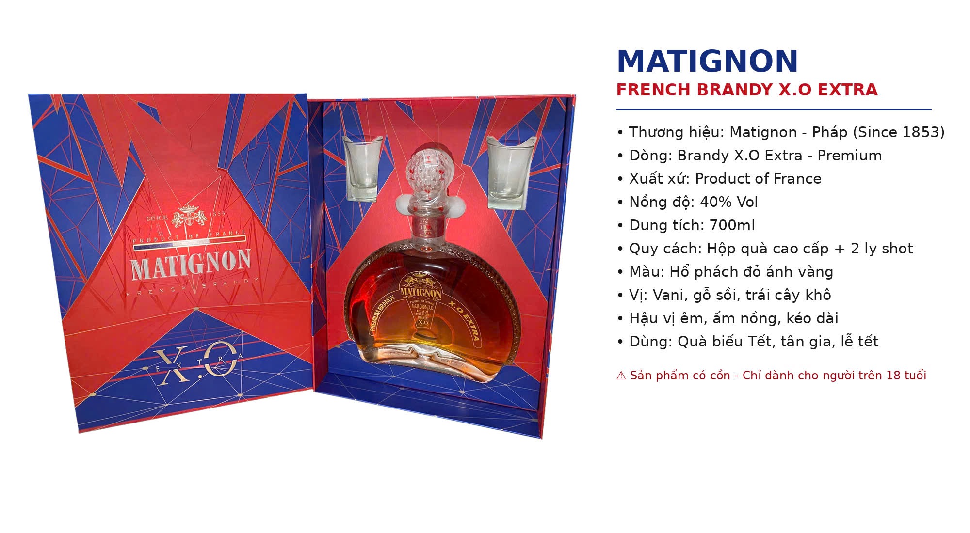 Rượu Brandy Matignon X.O Extra Pháp 700ml - Hộp Quà 2 Ly Cao Cấp