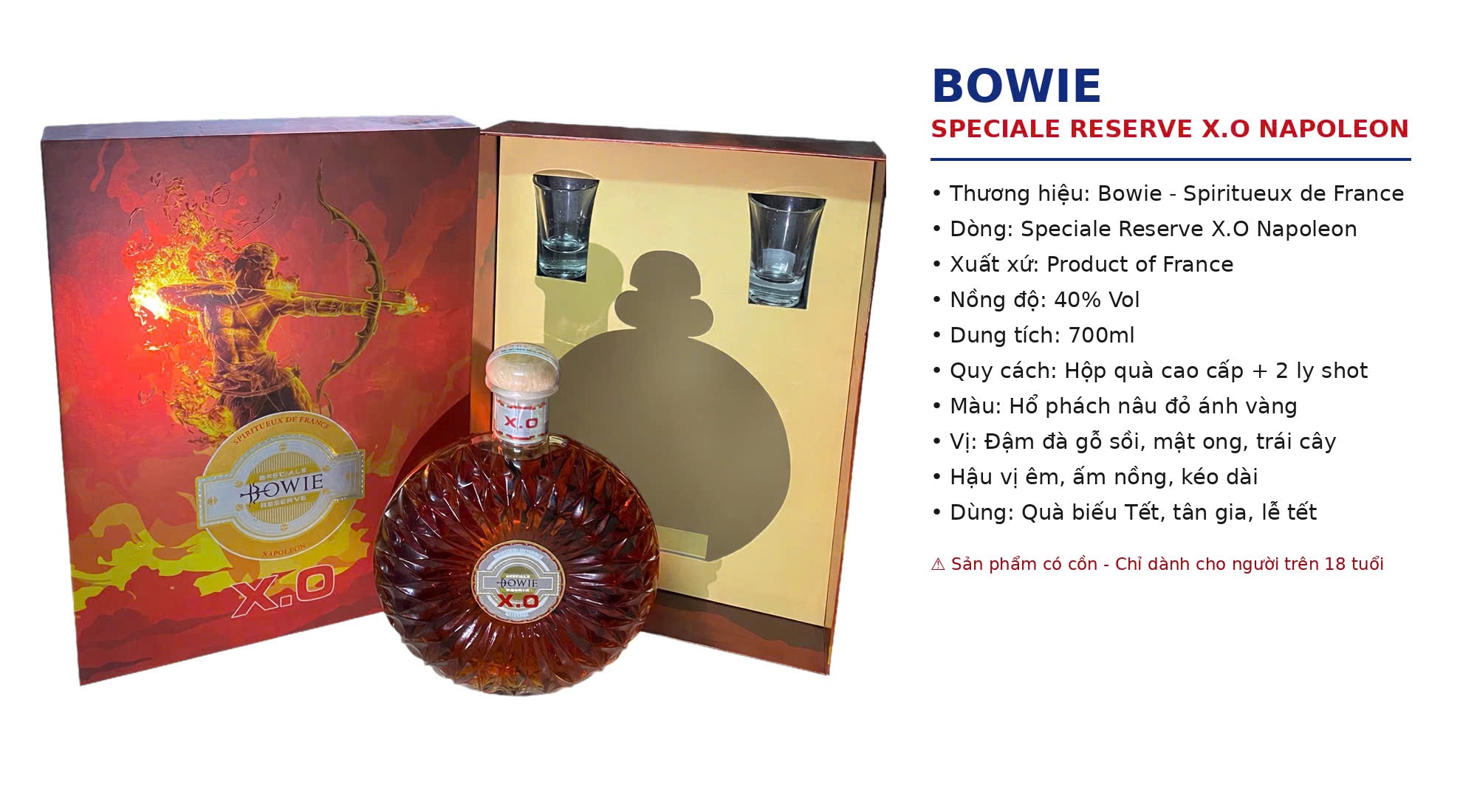 Rượu Brandy Bowie X.O Napoleon Pháp 700ml - Hộp Quà 2 Ly Bản Lửa
