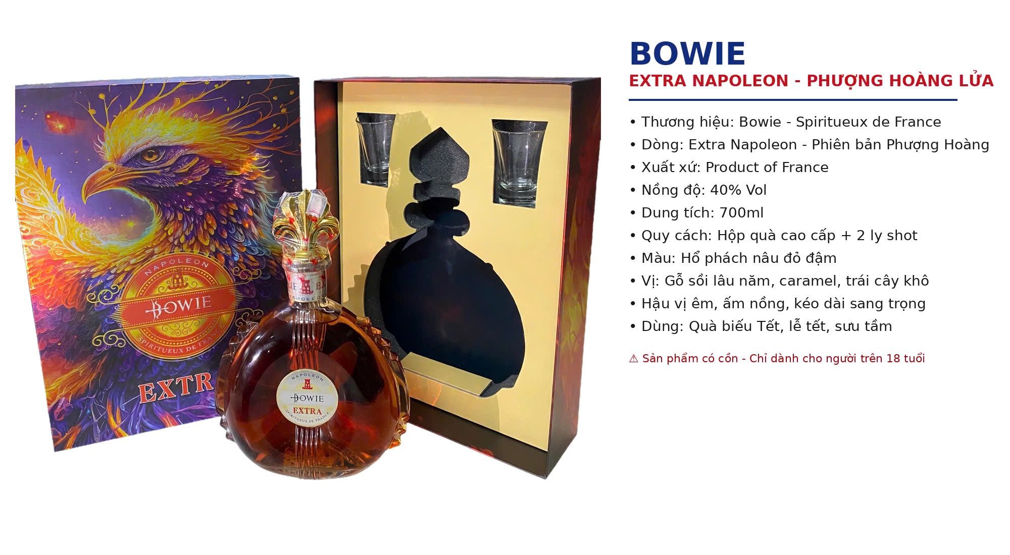 Rượu Brandy Bowie Extra Napoleon Pháp 700ml - Hộp Quà Phượng Hoàng Lửa 2 Ly
