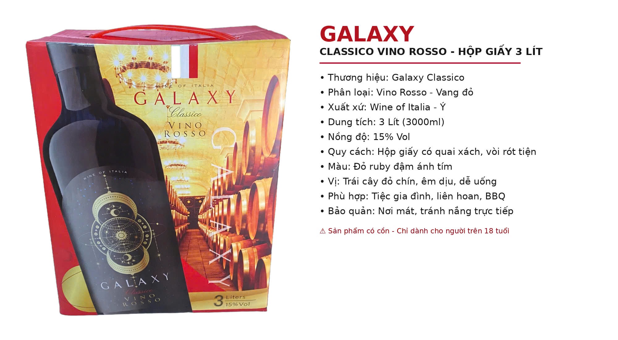 Vang Đỏ Ý Galaxy Classico Vino Rosso Hộp Giấy 3 Lít 15% - Wine of Italia