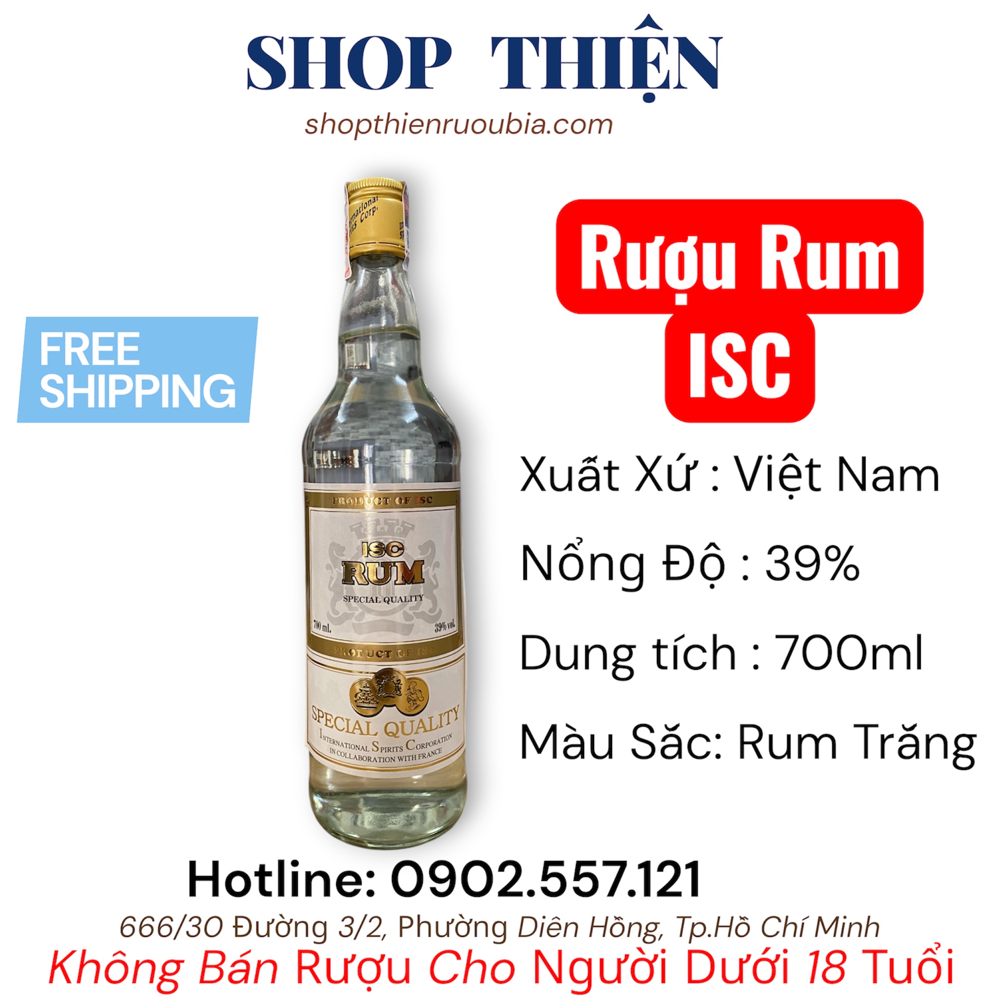 Rượu Rum ISC Trắng 39% 700ml